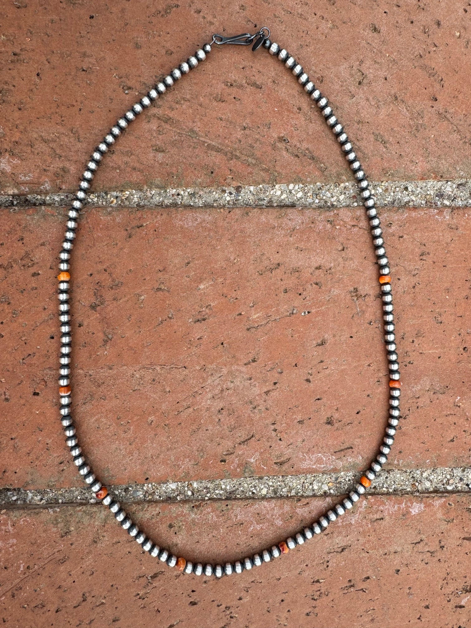 Handcrafted Orange Spiny & Sterling Silver 4mm Beaded Necklace 20"