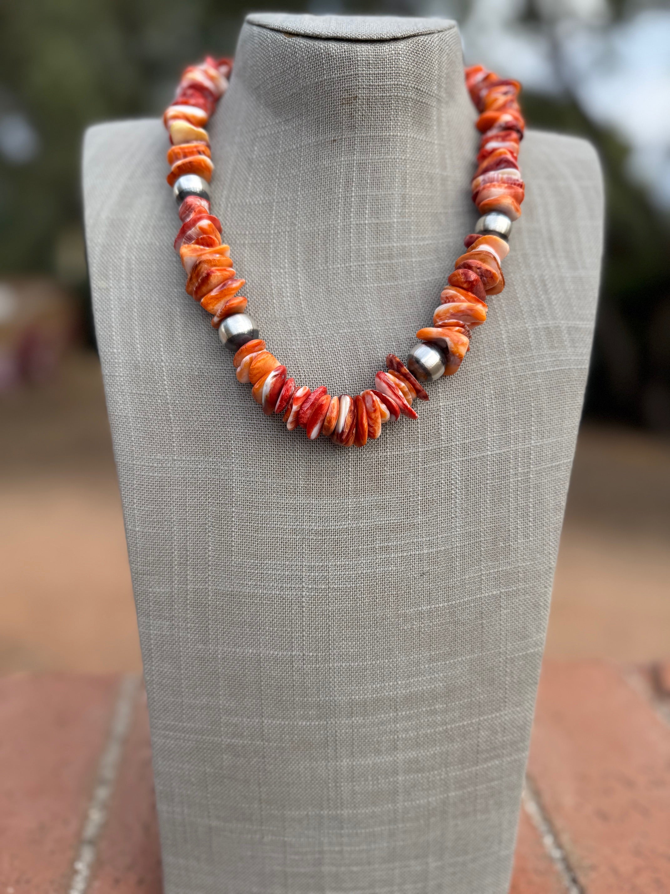 Handcrafted Orange Spiny & Sterling Silver 5-8mm Beaded Necklace 20"
