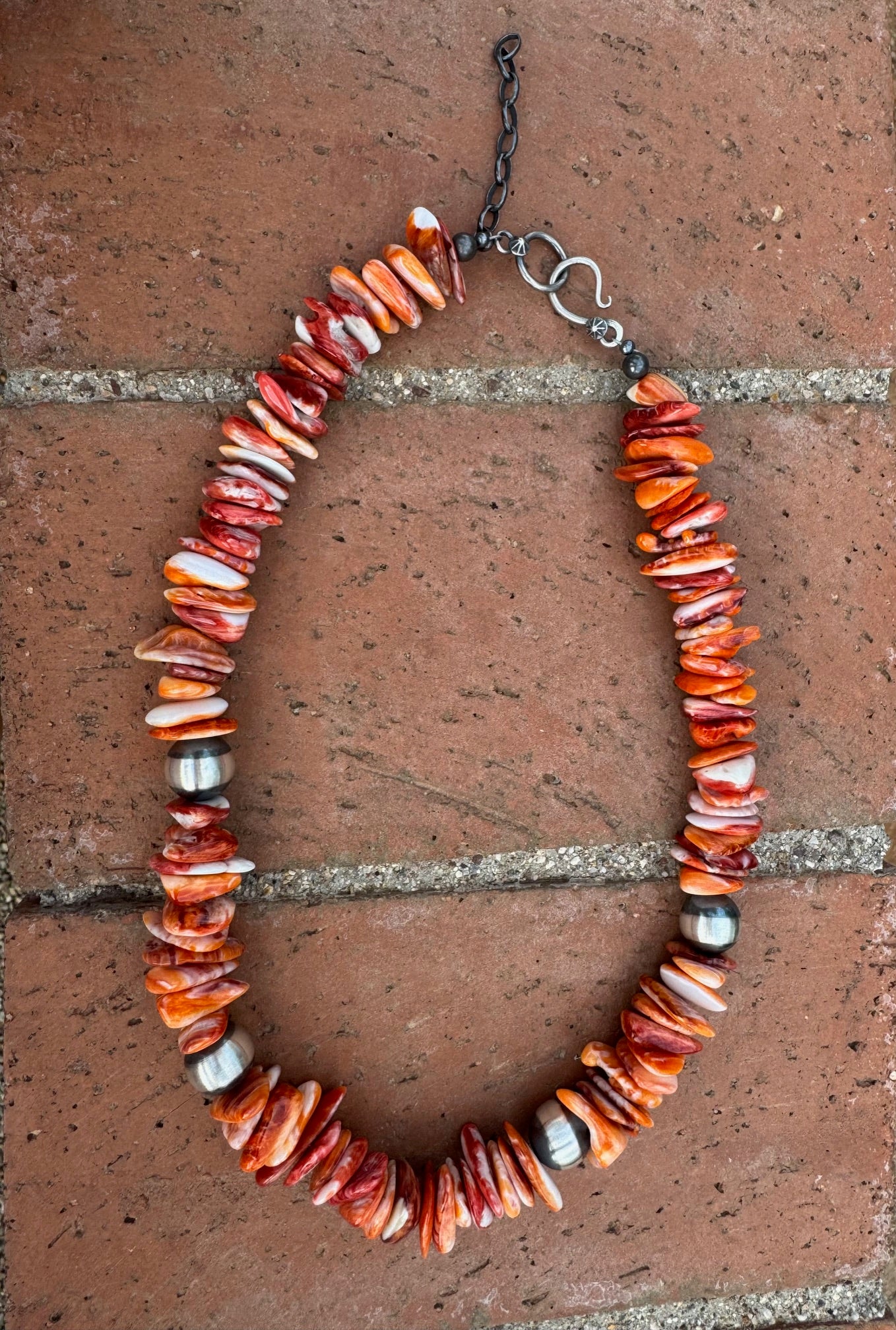 Handcrafted Orange Spiny & Sterling Silver 14mm Beaded Necklace 20"