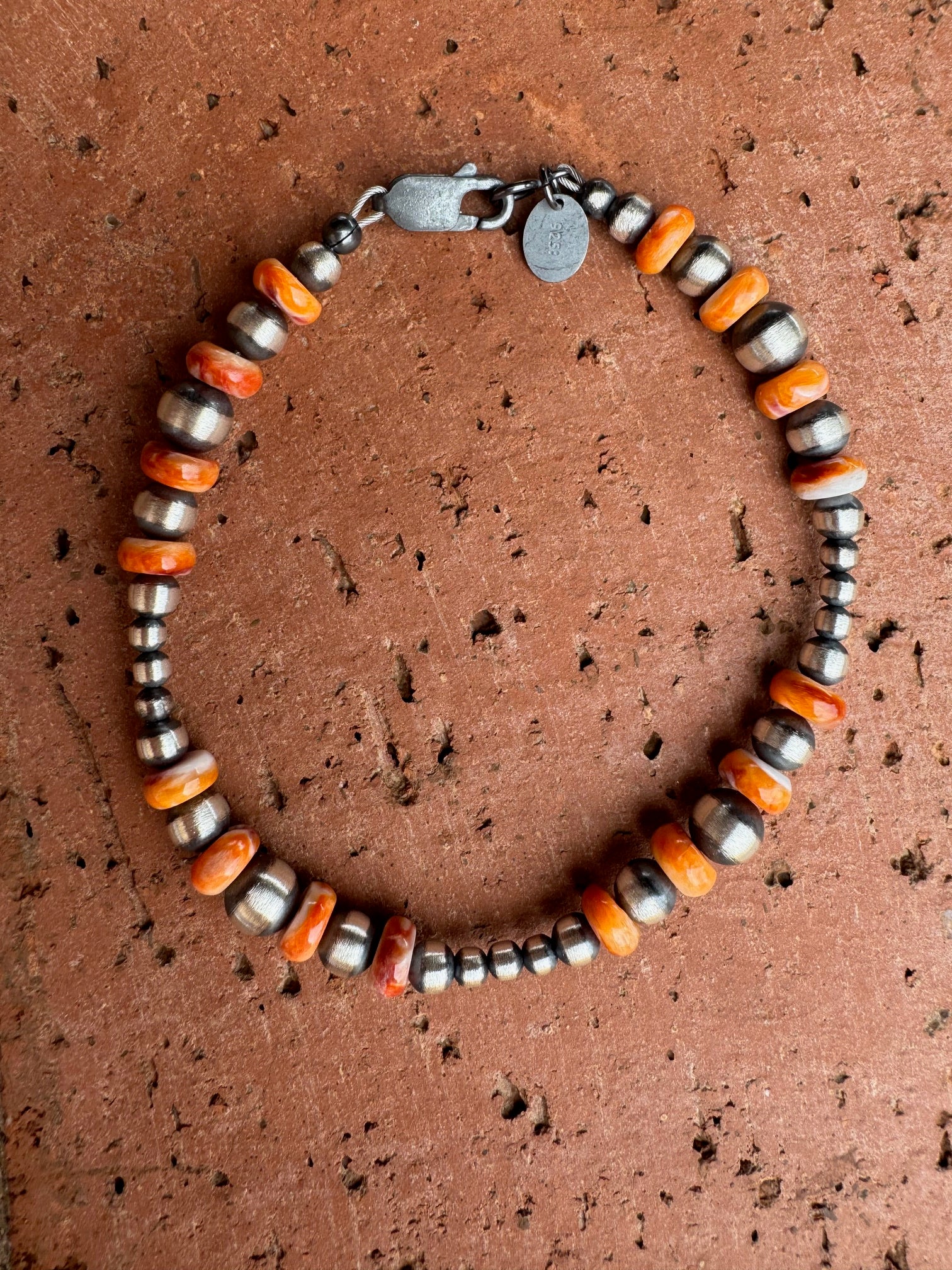 Handcrafted Orange Spiny & Sterling Silver 3-6mm Beaded Bracelet 7.5"