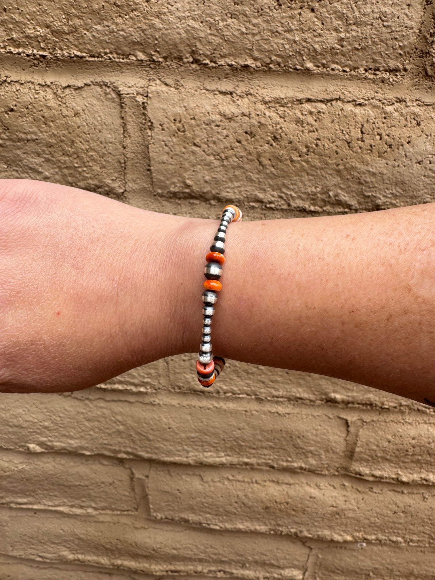 Handcrafted Orange Spiny & Sterling Silver 3-6mm Beaded Bracelet 7.5"
