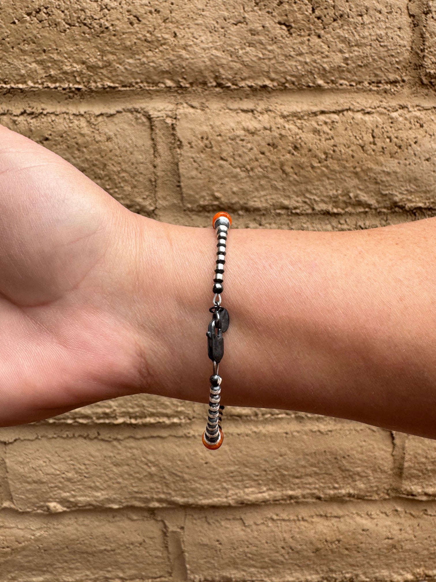 Handcrafted Orange Spiny & Sterling Silver 3-6mm Beaded Bracelet 7.5"