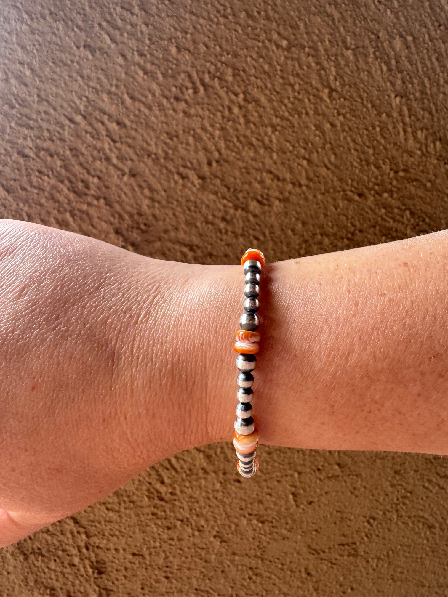 Handcrafted Orange Spiny & Sterling Silver 4-5mm Beaded Bracelet 7.5"