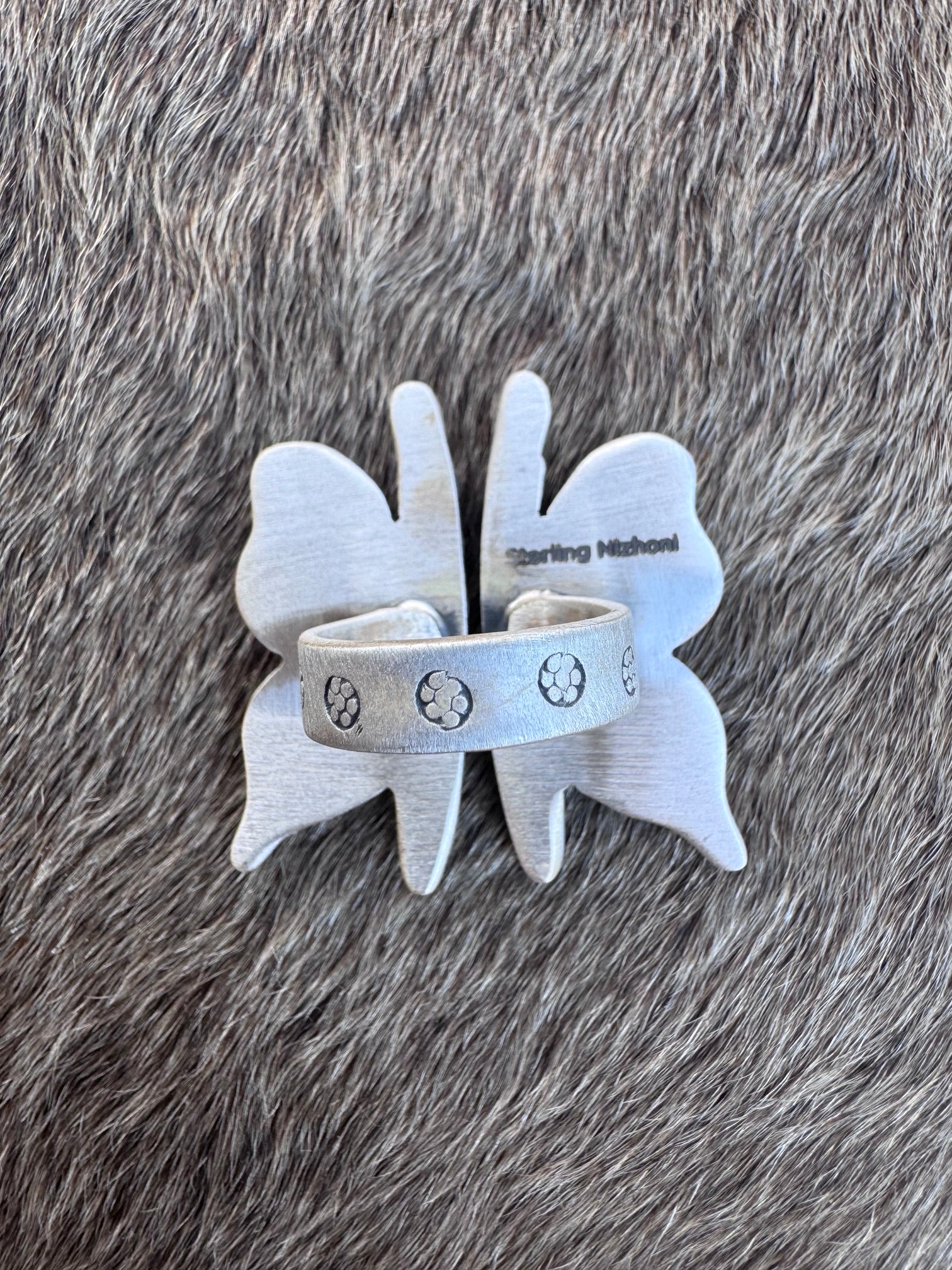 Handmade Sterling Silver Kingman Turquoise with Orange Mojave Butterfly Adjustable Ring "Signed Nizhoni"