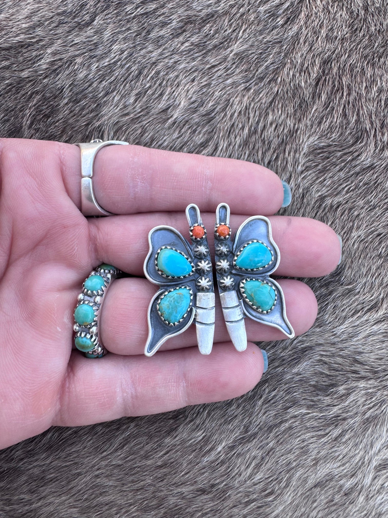 Handmade Sterling Silver Kingman Turquoise with Orange Mojave Butterfly Adjustable Ring "Signed Nizhoni"