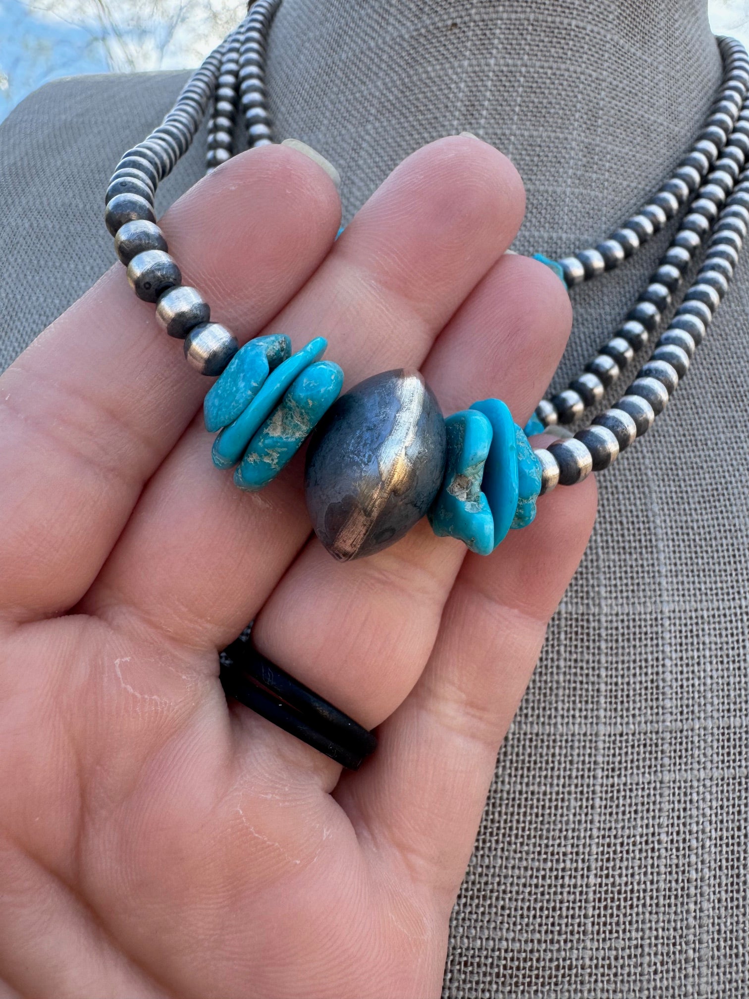 Handcrafted Kingman Turquoise & Sterling Silver 4-14mm Beaded Necklace