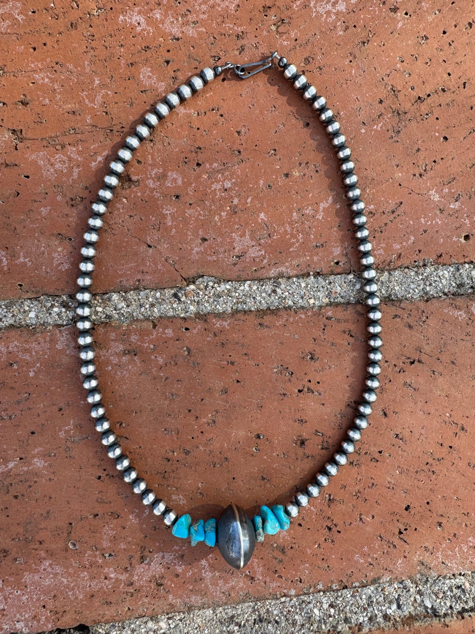 Handcrafted Kingman Turquoise & Sterling Silver 4-14mm Beaded Necklace