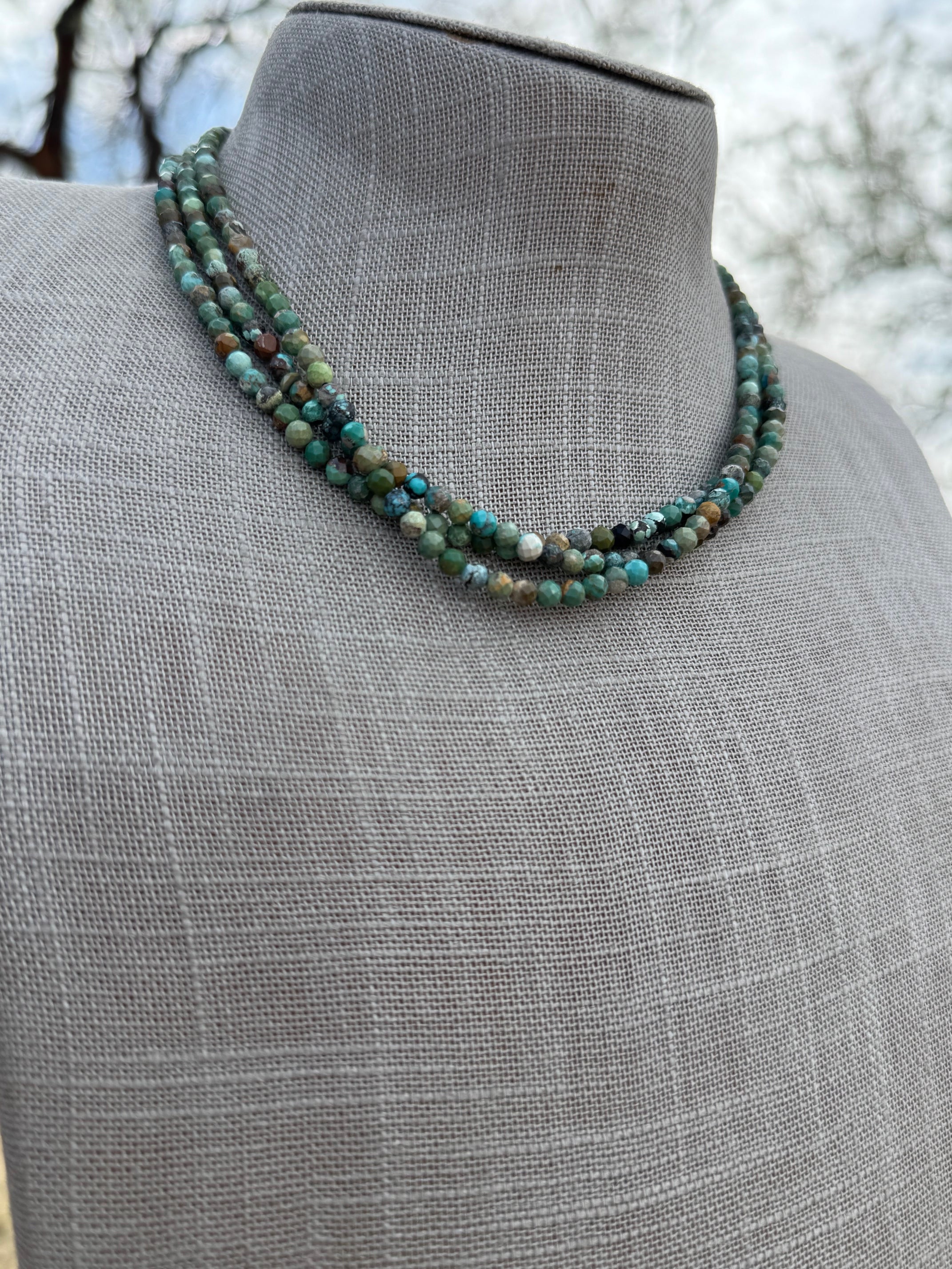 Handcrafted Diamond Cut Turquoise & Sterling Silver 3mm Beaded Necklace 16" with 2" extender