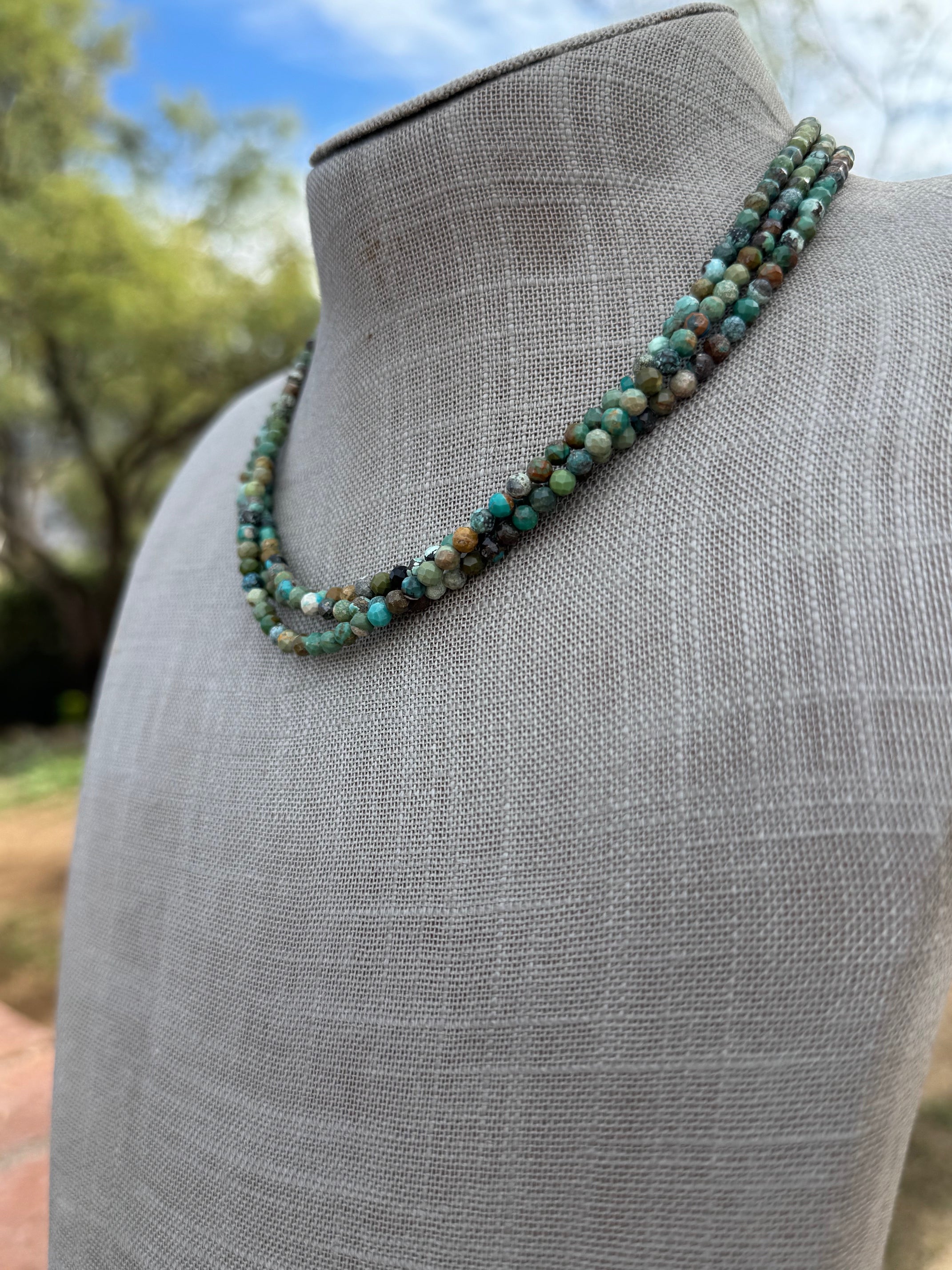 Handcrafted Diamond Cut Turquoise & Sterling Silver 3mm Beaded Necklace 16" with 2" extender