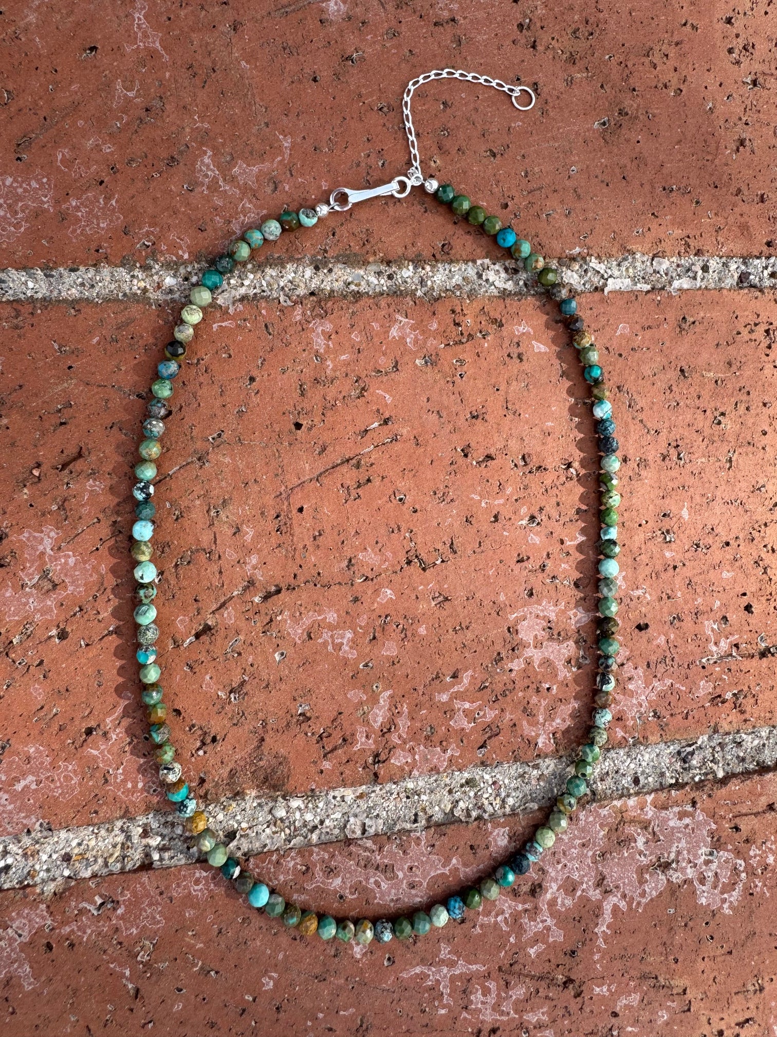 Handcrafted Diamond Cut Turquoise & Sterling Silver 3mm Beaded Necklace 16" with 2" extender