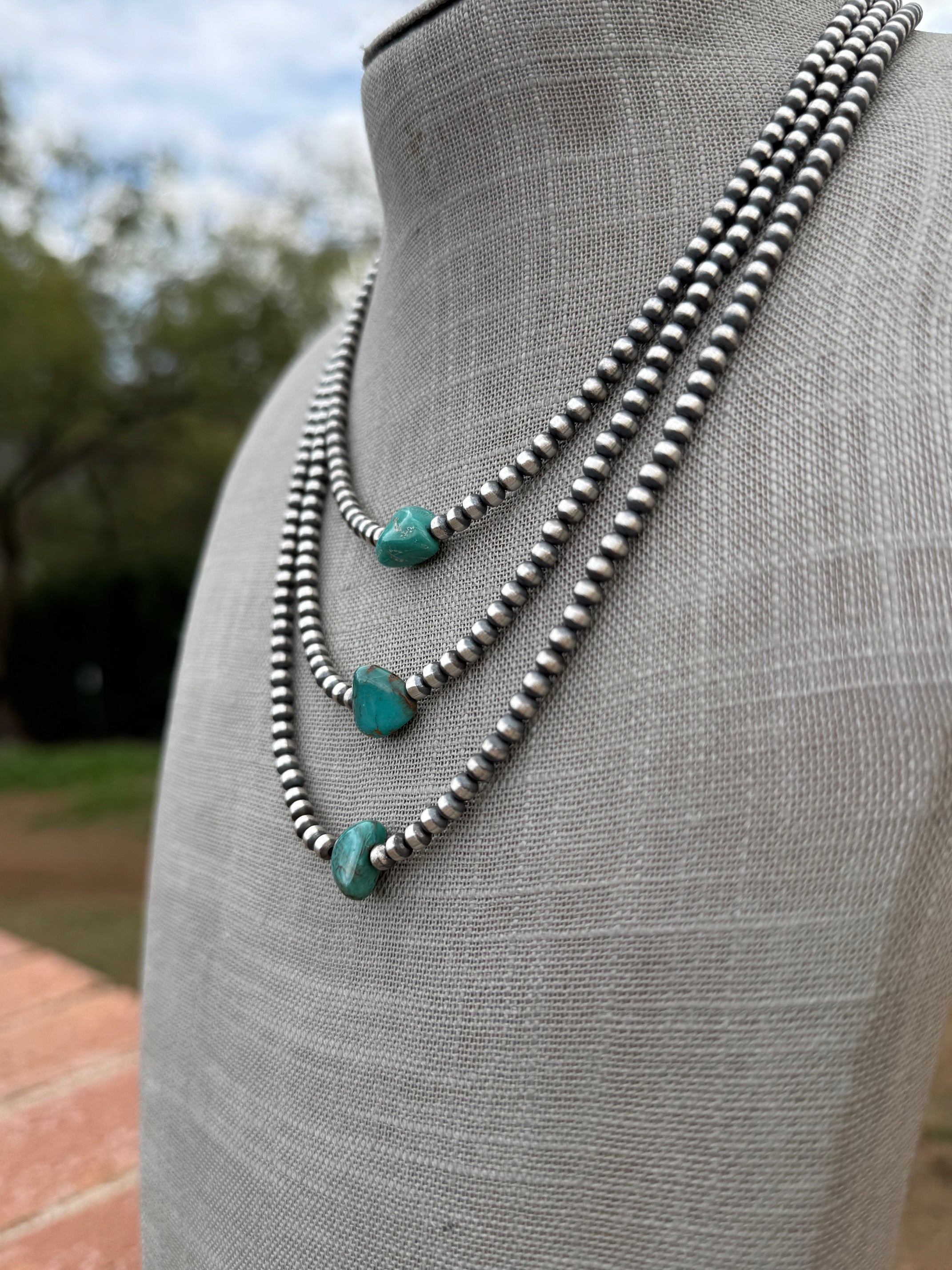 Handcrafted Kingman Turquoise & Sterling Silver 4mm Beaded Necklace