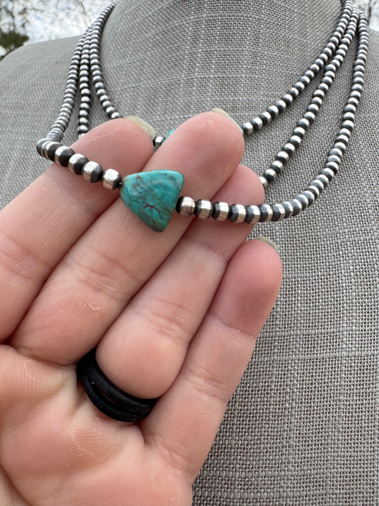 Handcrafted Kingman Turquoise & Sterling Silver 4mm Beaded Necklace
