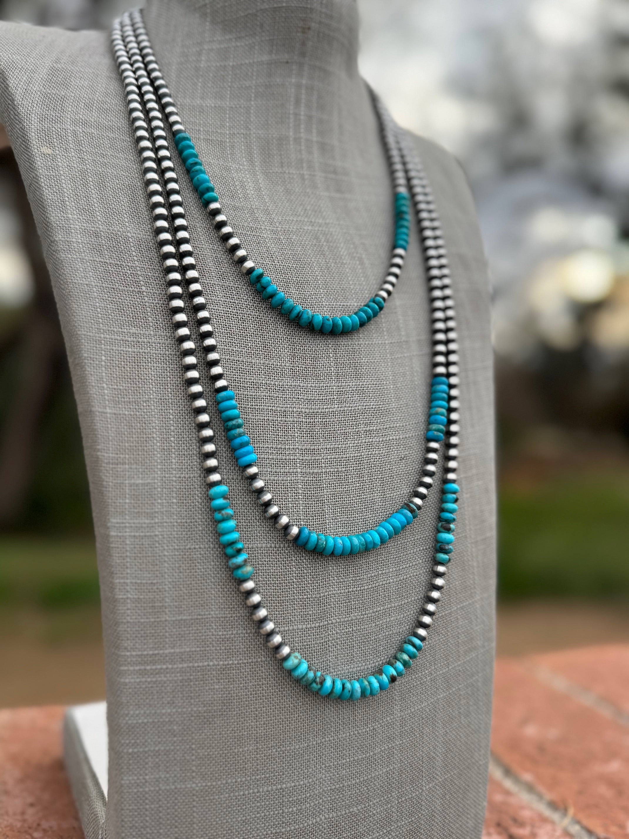 Handcrafted Rolled Kingman Turquoise & Sterling Silver 5mm Beaded Necklace
