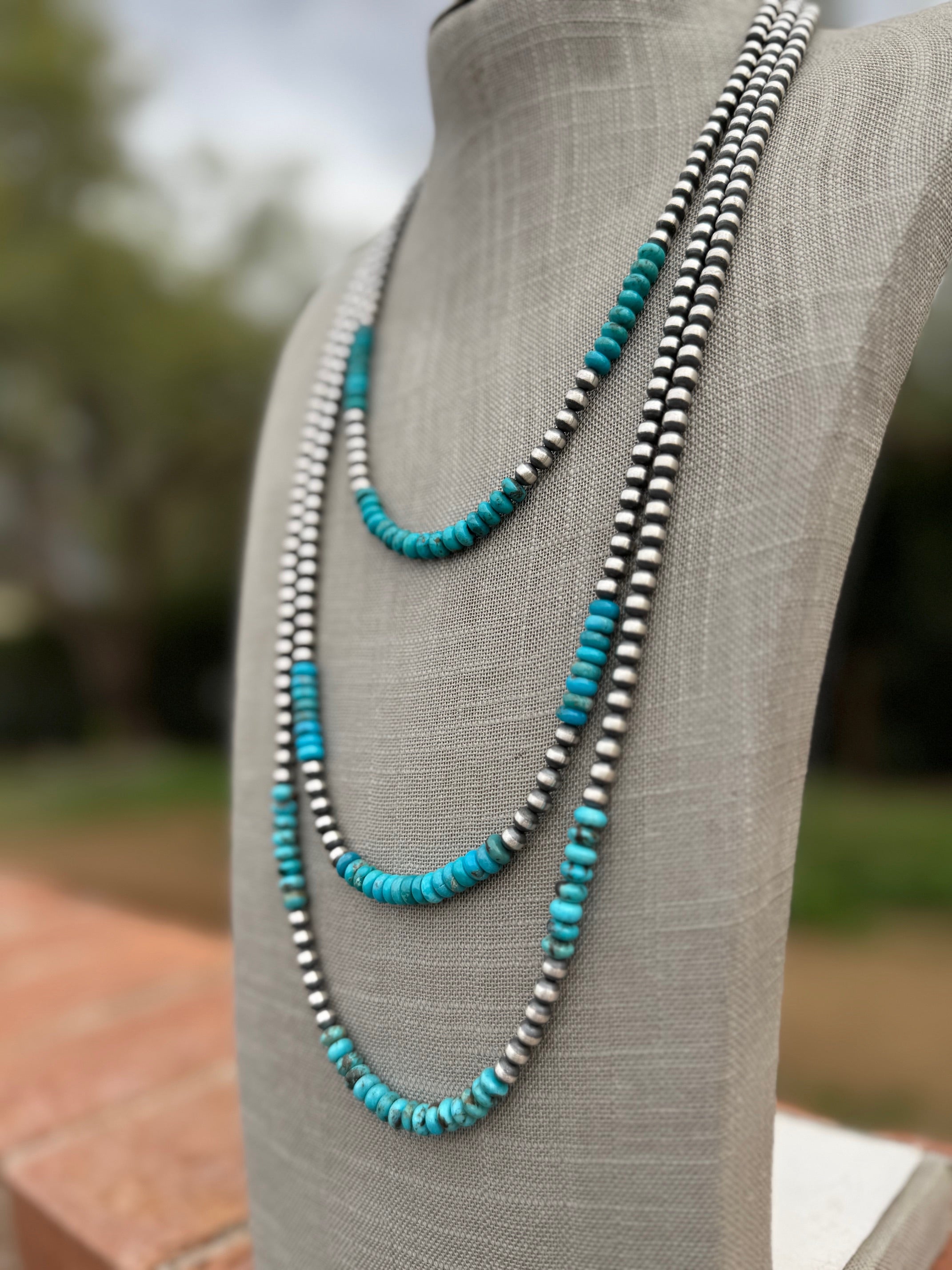 Handcrafted Rolled Kingman Turquoise & Sterling Silver 5mm Beaded Necklace