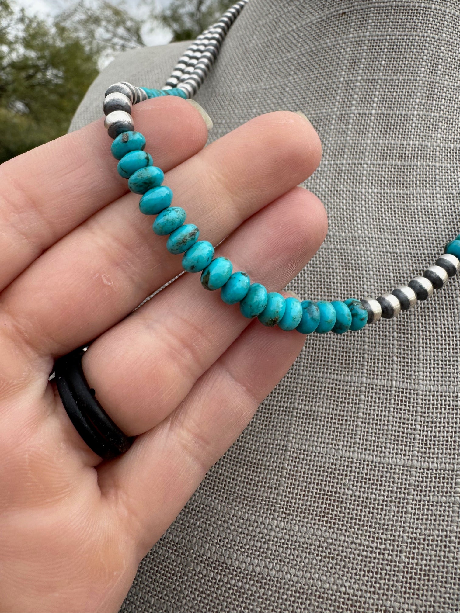 Handcrafted Rolled Kingman Turquoise & Sterling Silver 5mm Beaded Necklace