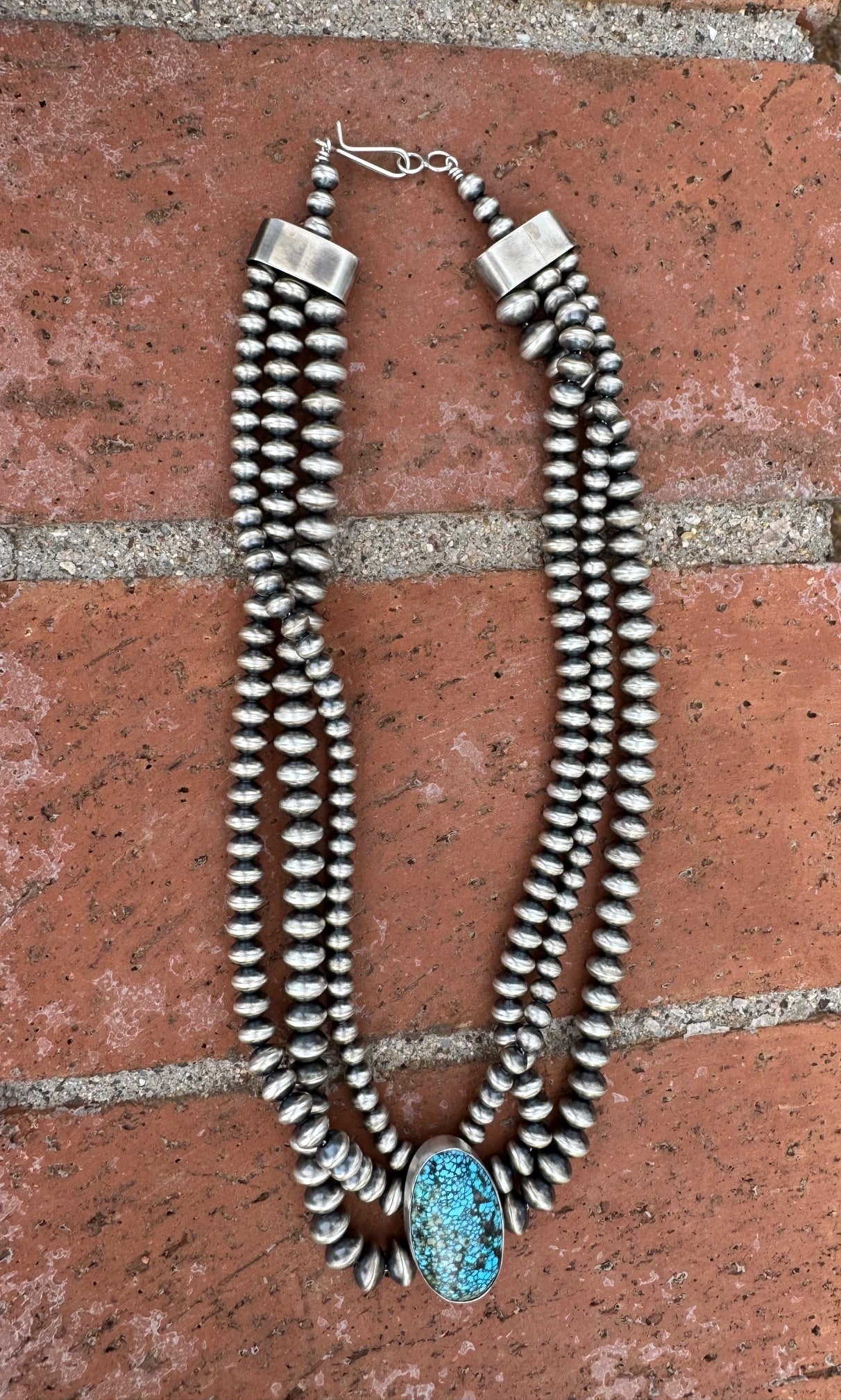 Handcrafted Kingman Webb Turquoise & Sterling Silver Beaded 3 Strand 6mm Beaded Necklace 20"