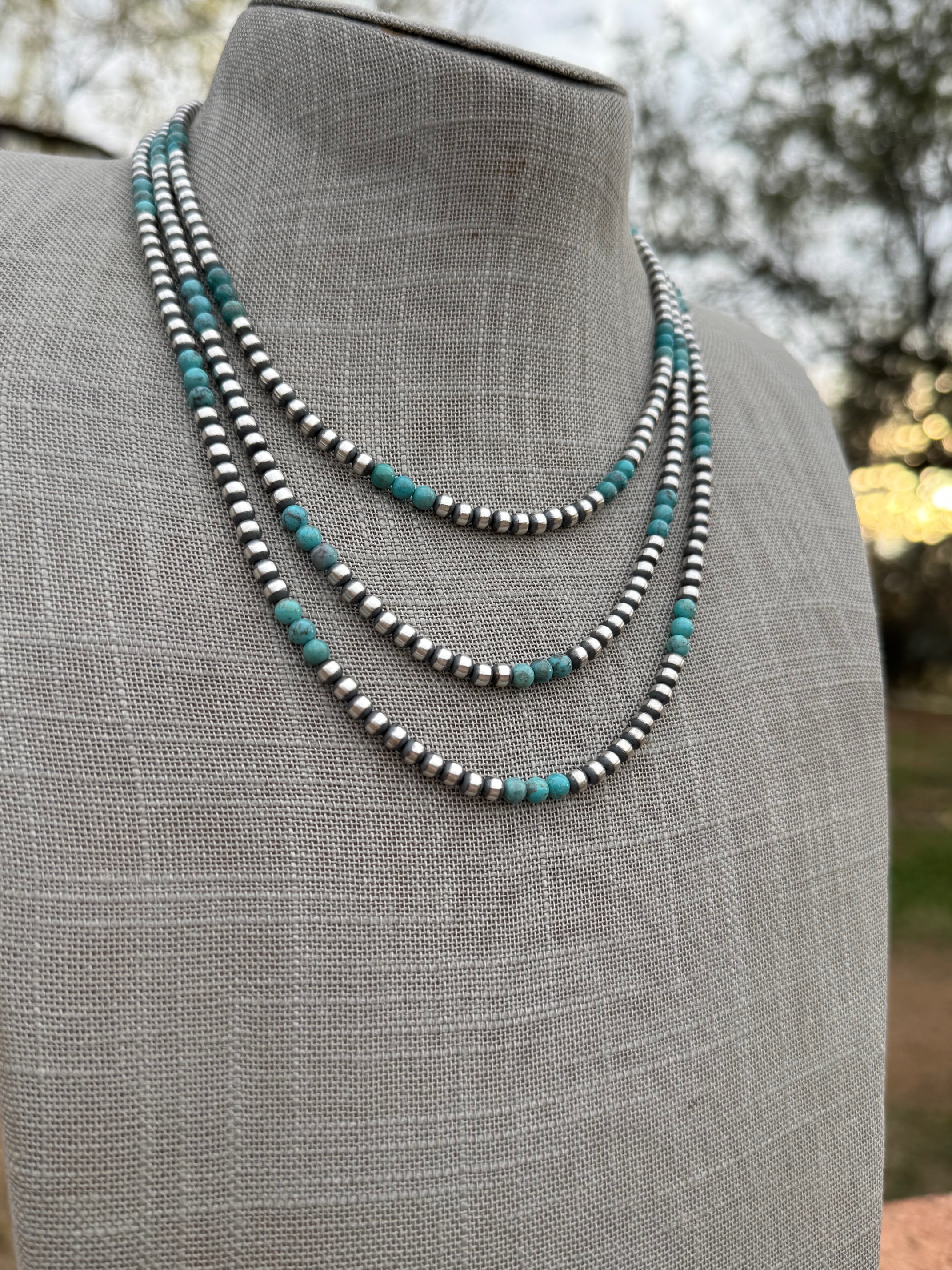 Handcrafted Turquoise & Sterling Silver Pearl 4mm Beaded Necklace