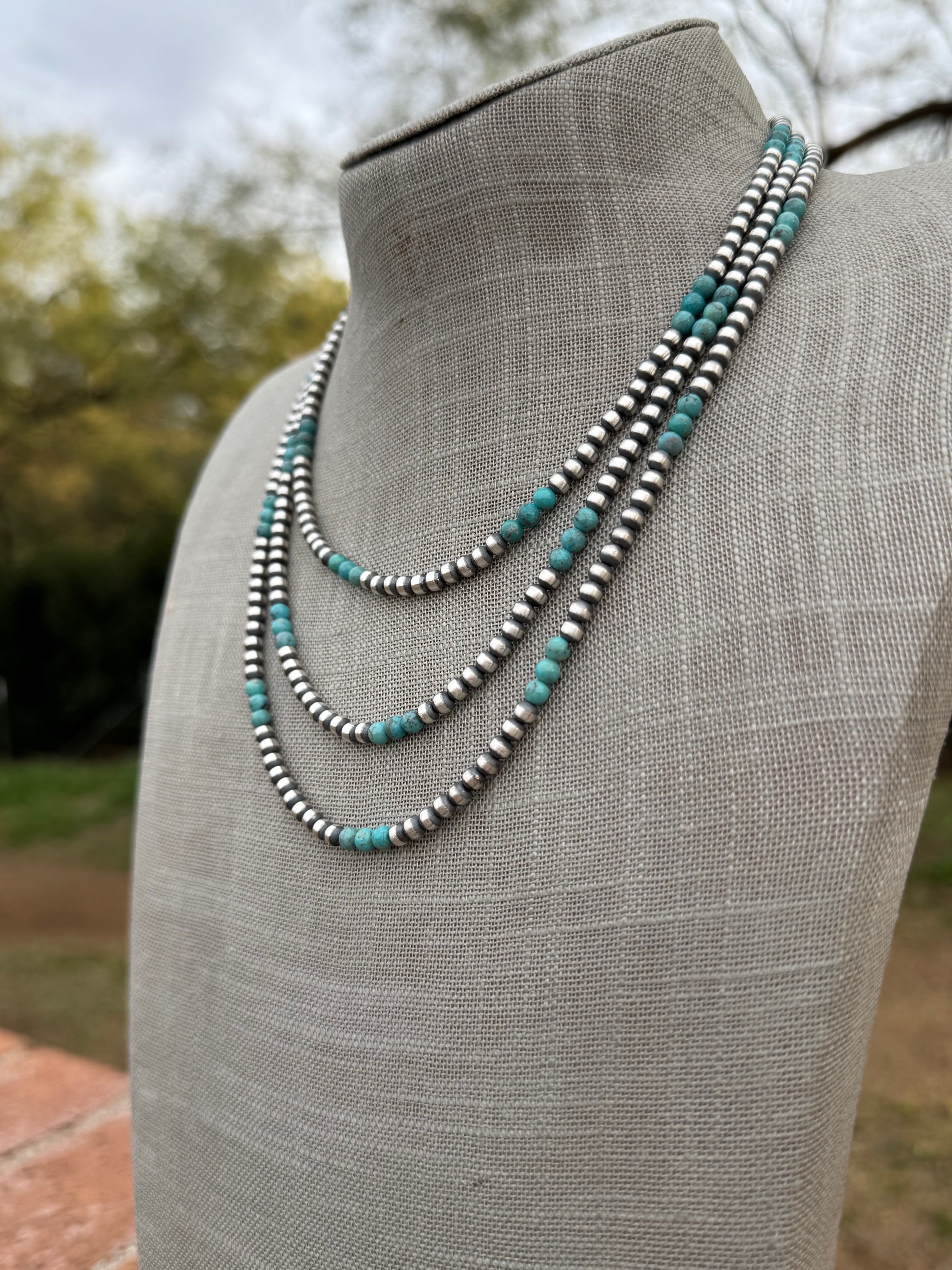 Handcrafted Turquoise & Sterling Silver Pearl 4mm Beaded Necklace