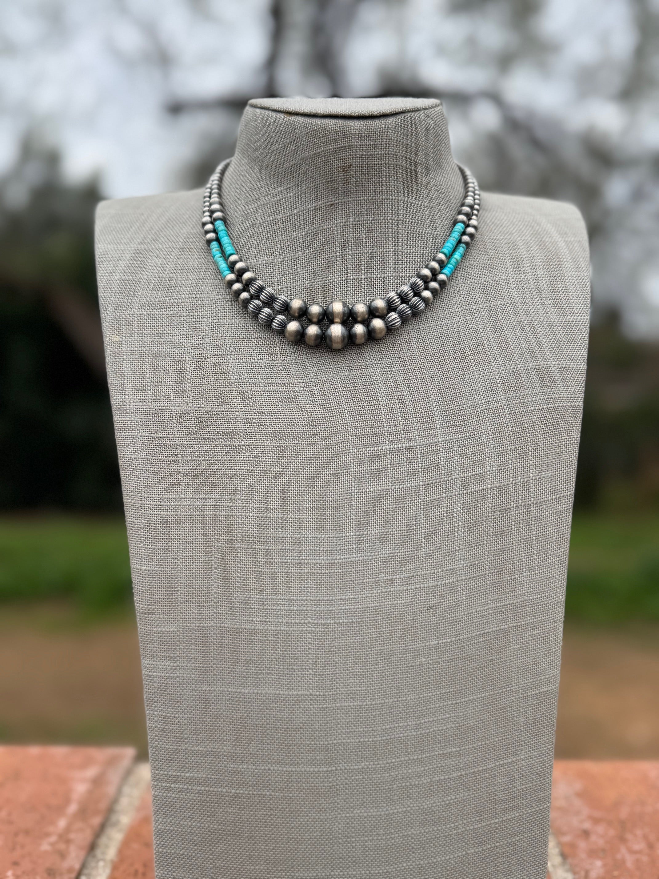 Handmade Rolled Kingman Turquoise and Sterling Silver 4-10mm Beaded Necklace 16"