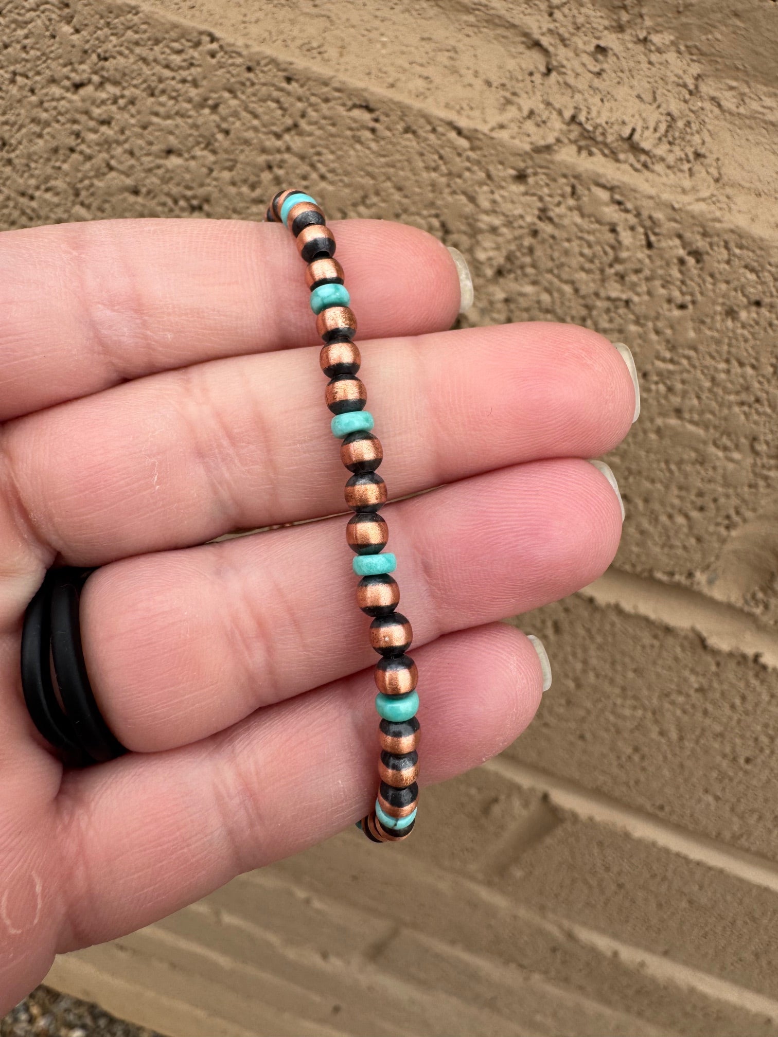 Handcrafted Copper & Turquoise 4mm Beaded Bracelet 7"