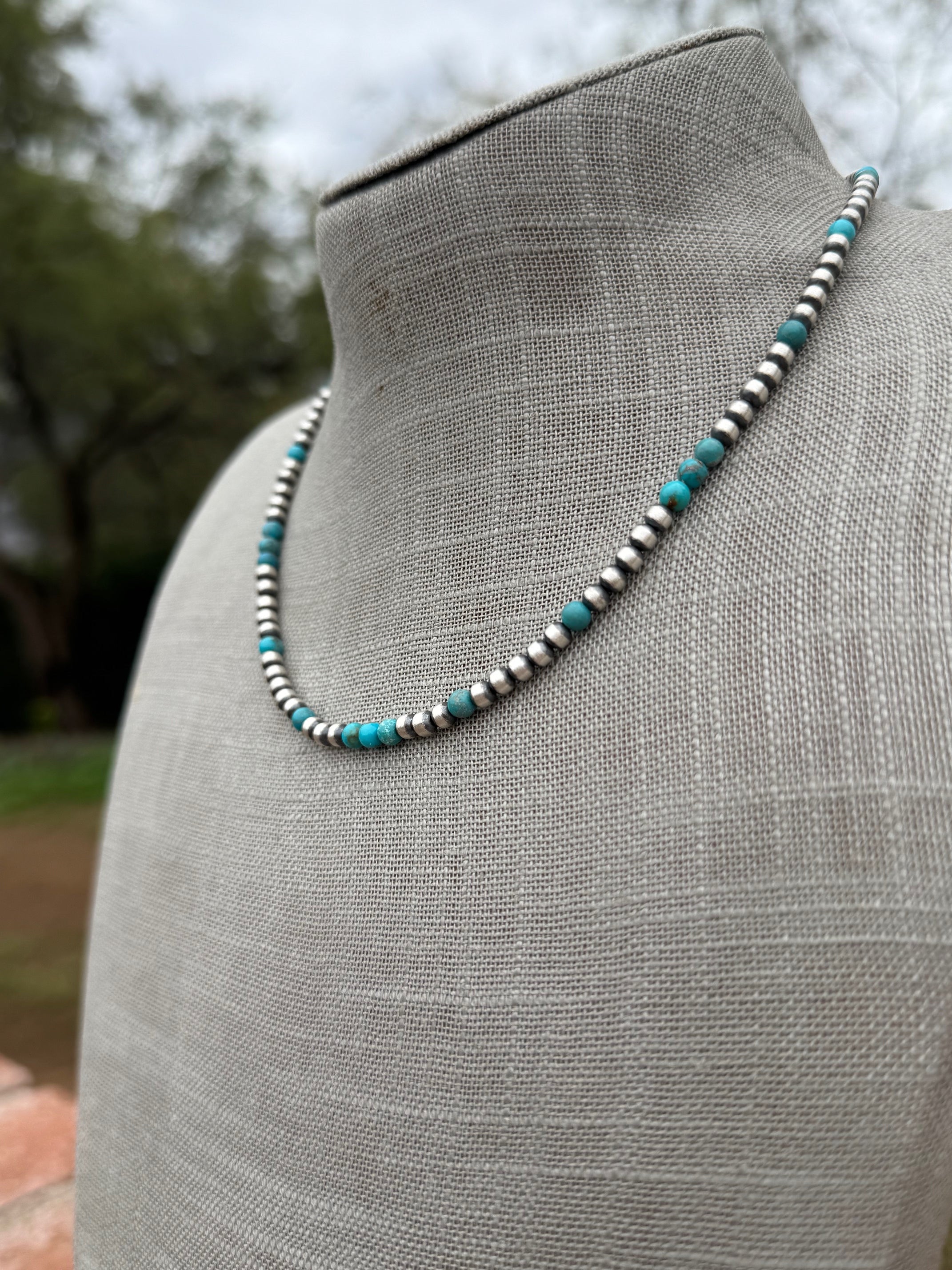 Handcrafted Turquoise And Sterling Silver 4mm Beaded Necklace 17"