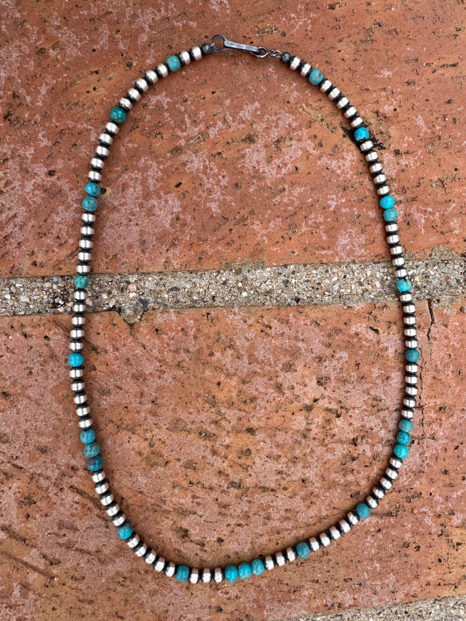 Handcrafted Turquoise And Sterling Silver 4mm Beaded Necklace 17"
