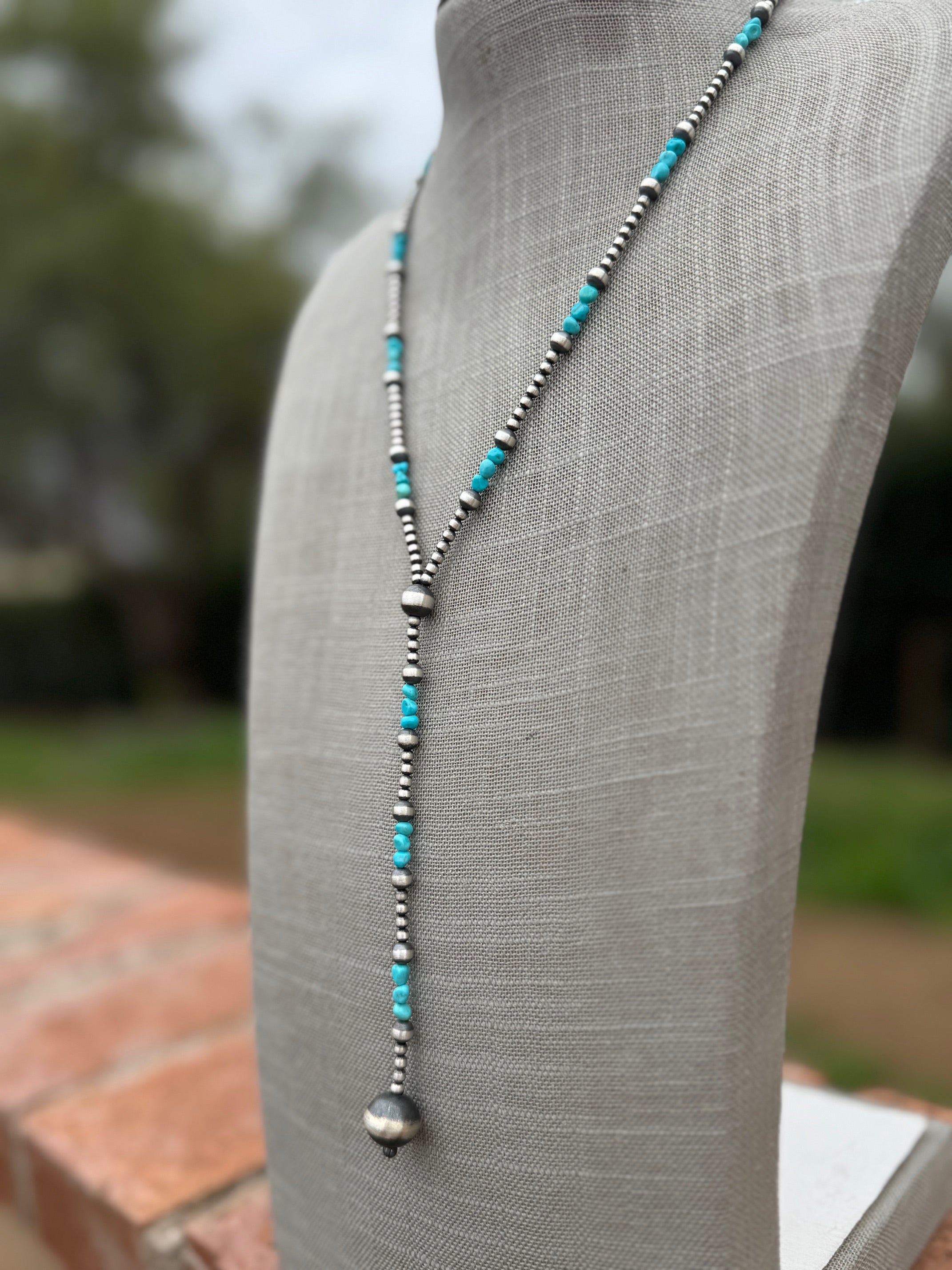 Handcrafted Turquoise & Sterling Silver 3-12mm Beaded Lariat Necklace 20"