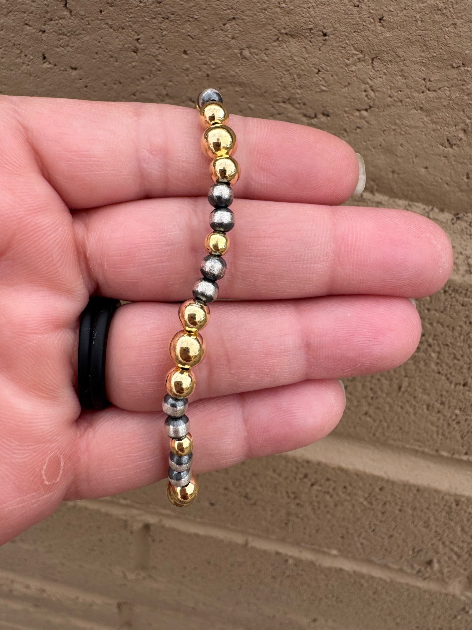 Handcrafted Sterling Silver Gold Bead 4-6mm Beaded Stretch Bracelet