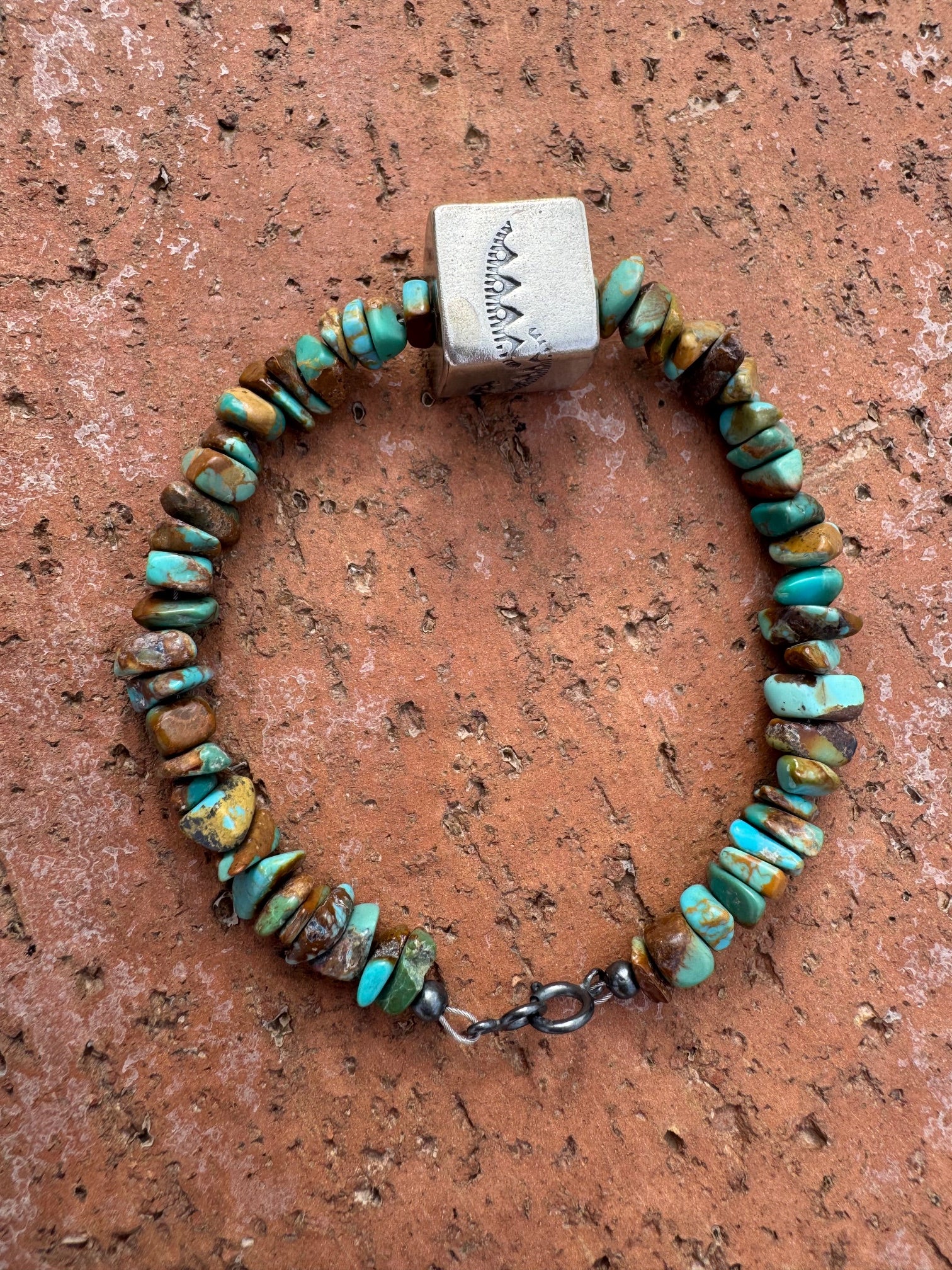 Handcrafted Chunky Turquoise & Sterling Silver Beaded Bracelet 8"