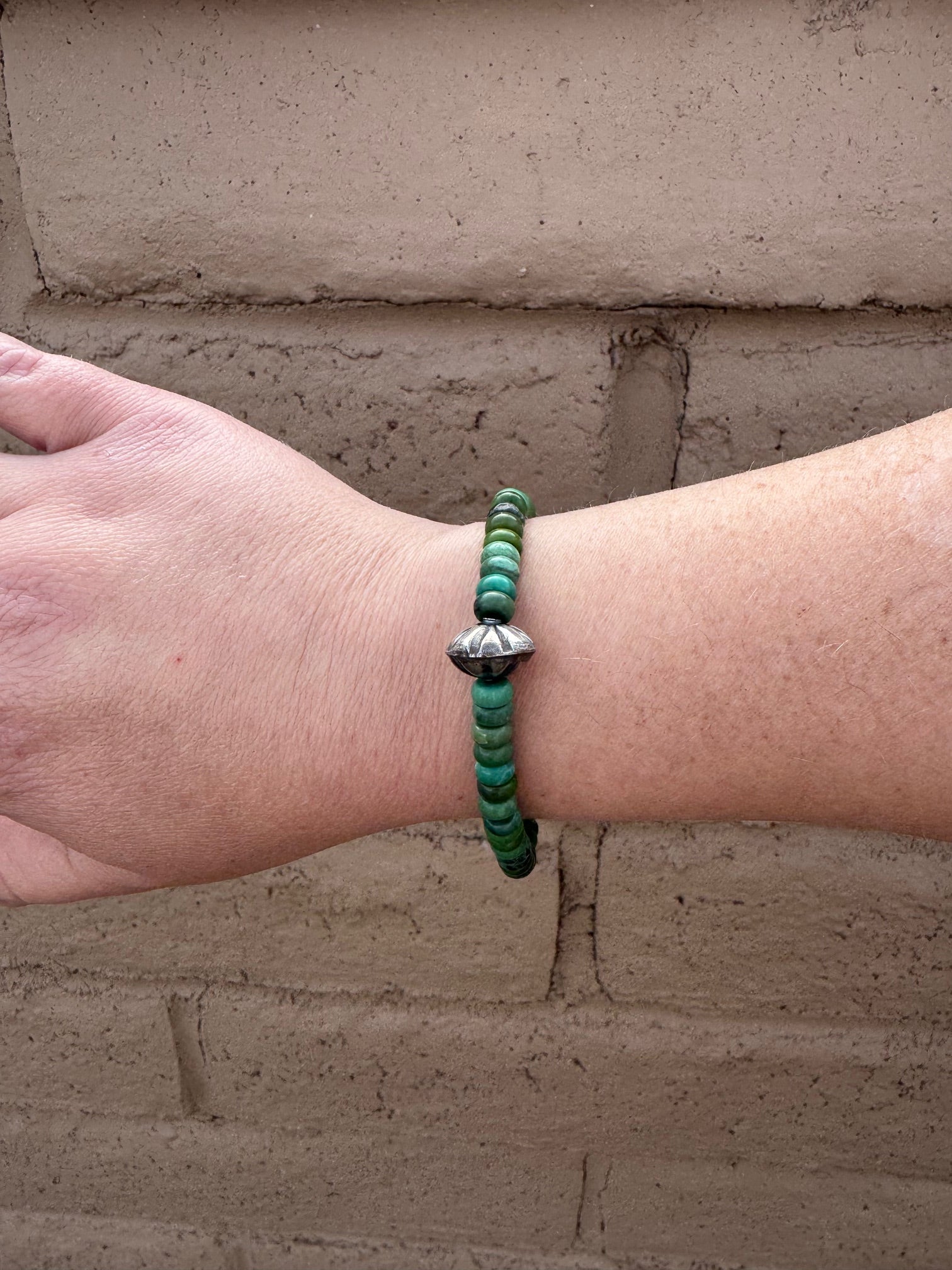 Handcrafted Rolled Green Turquoise Beaded Stretch Bracelet 8"