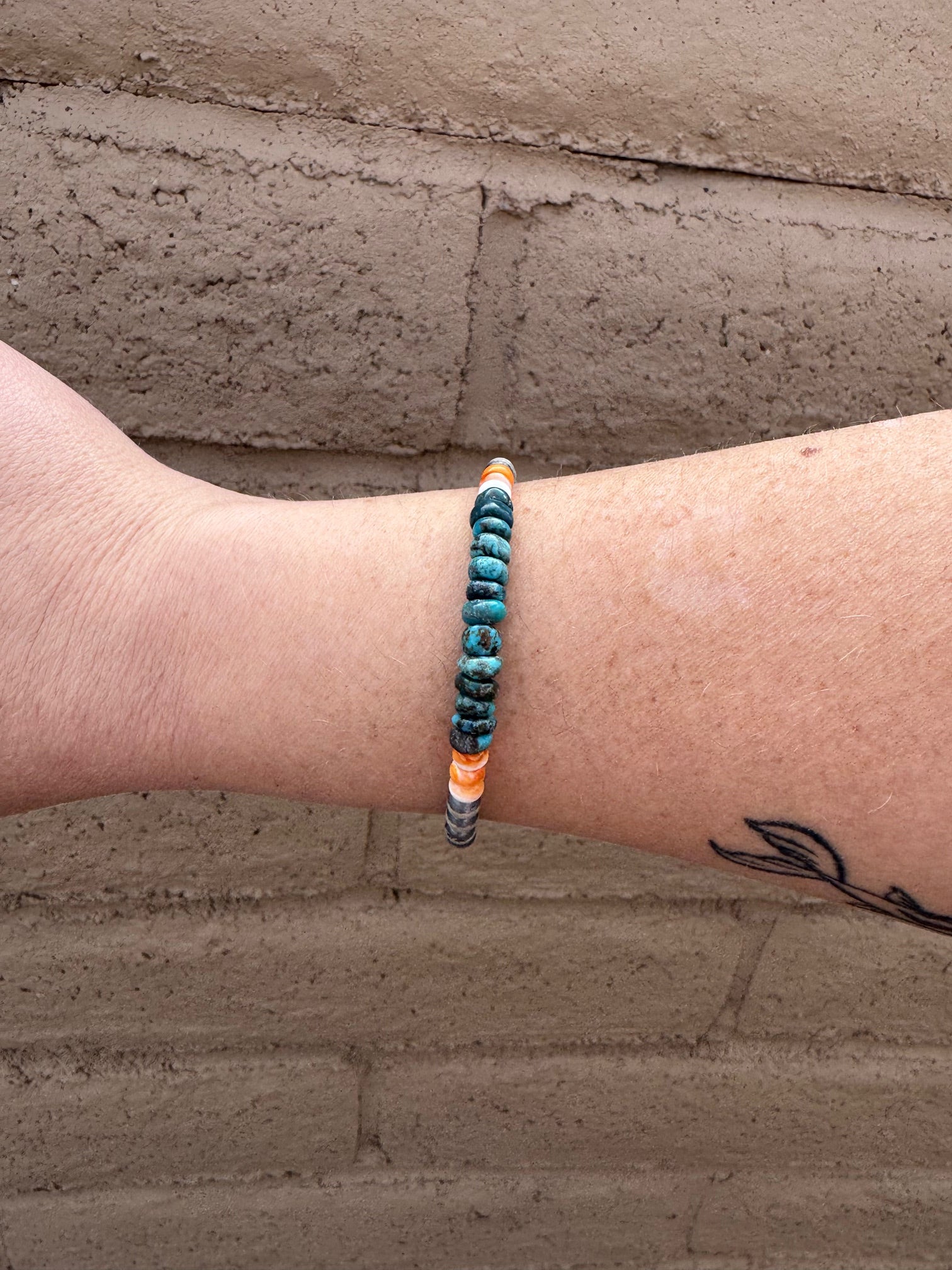 Handcrafted Orange Spiny, Turquoise & Sterling Silver 5mm Beaded Bracelet 7.5"