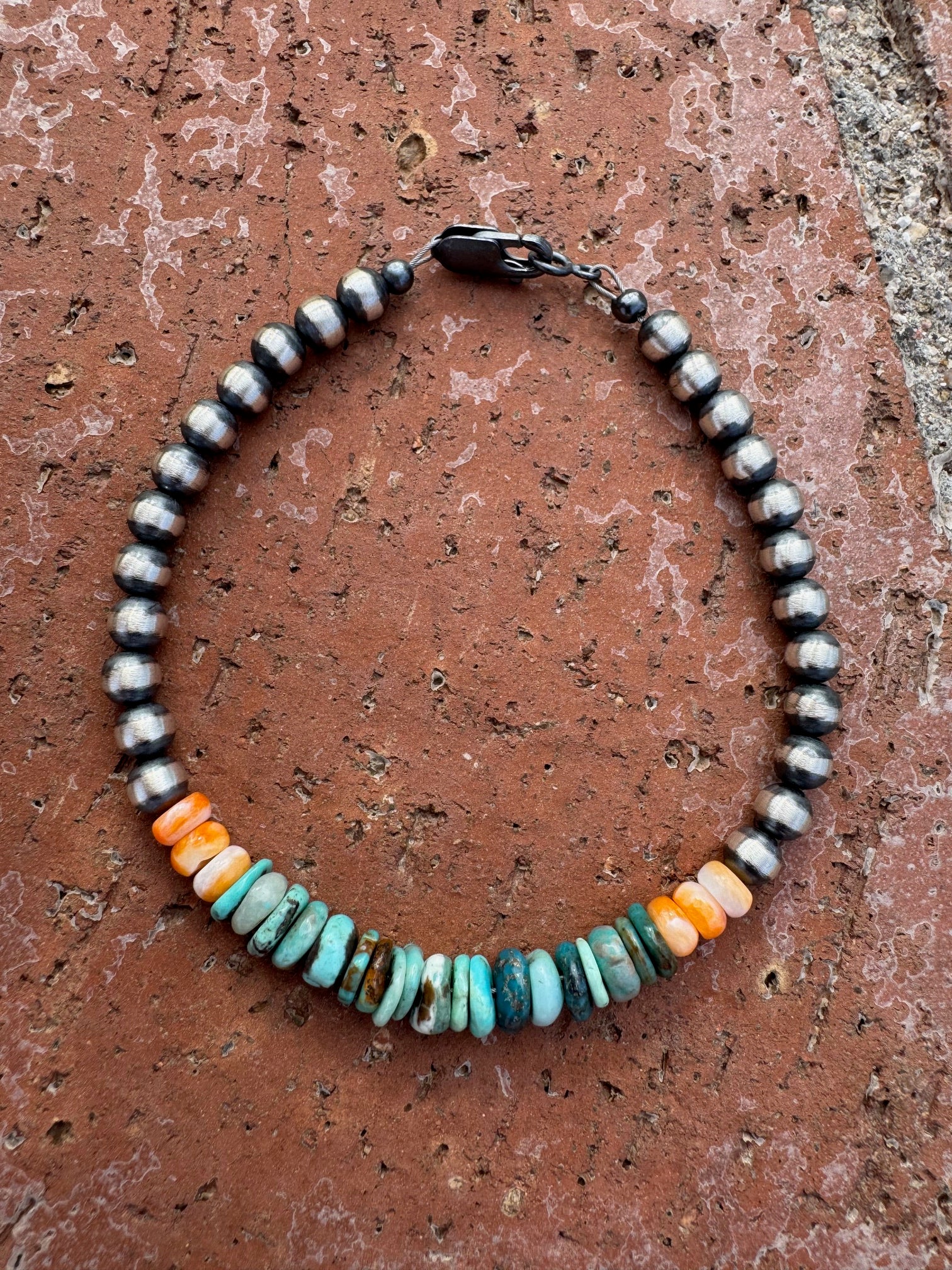 Handcrafted Orange Spiny, Turquoise & Sterling Silver 5mm Beaded Bracelet 7.5"