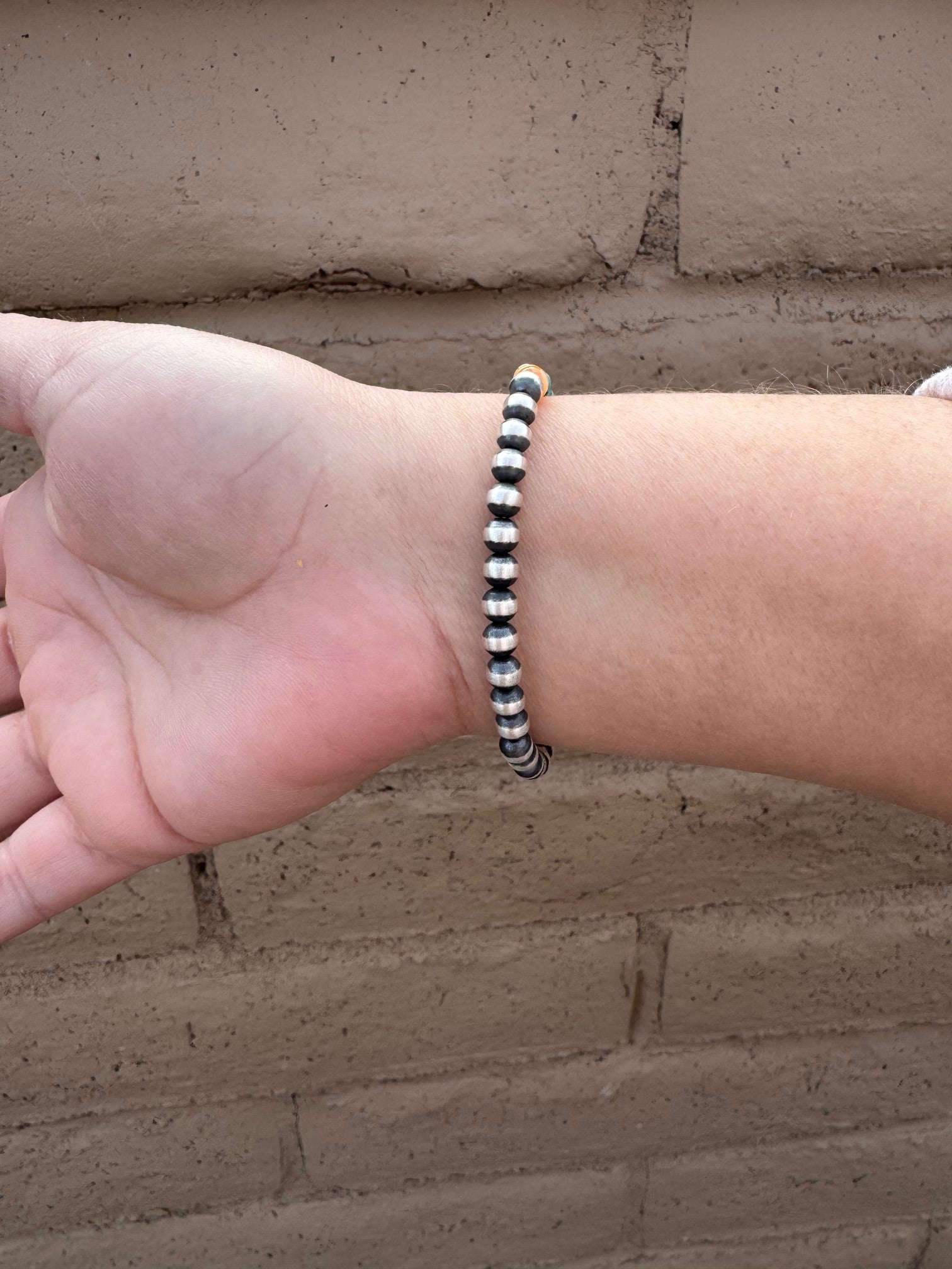 Handcrafted Orange Spiny, Turquoise & Sterling Silver 5mm Beaded Stretch Bracelet 7"