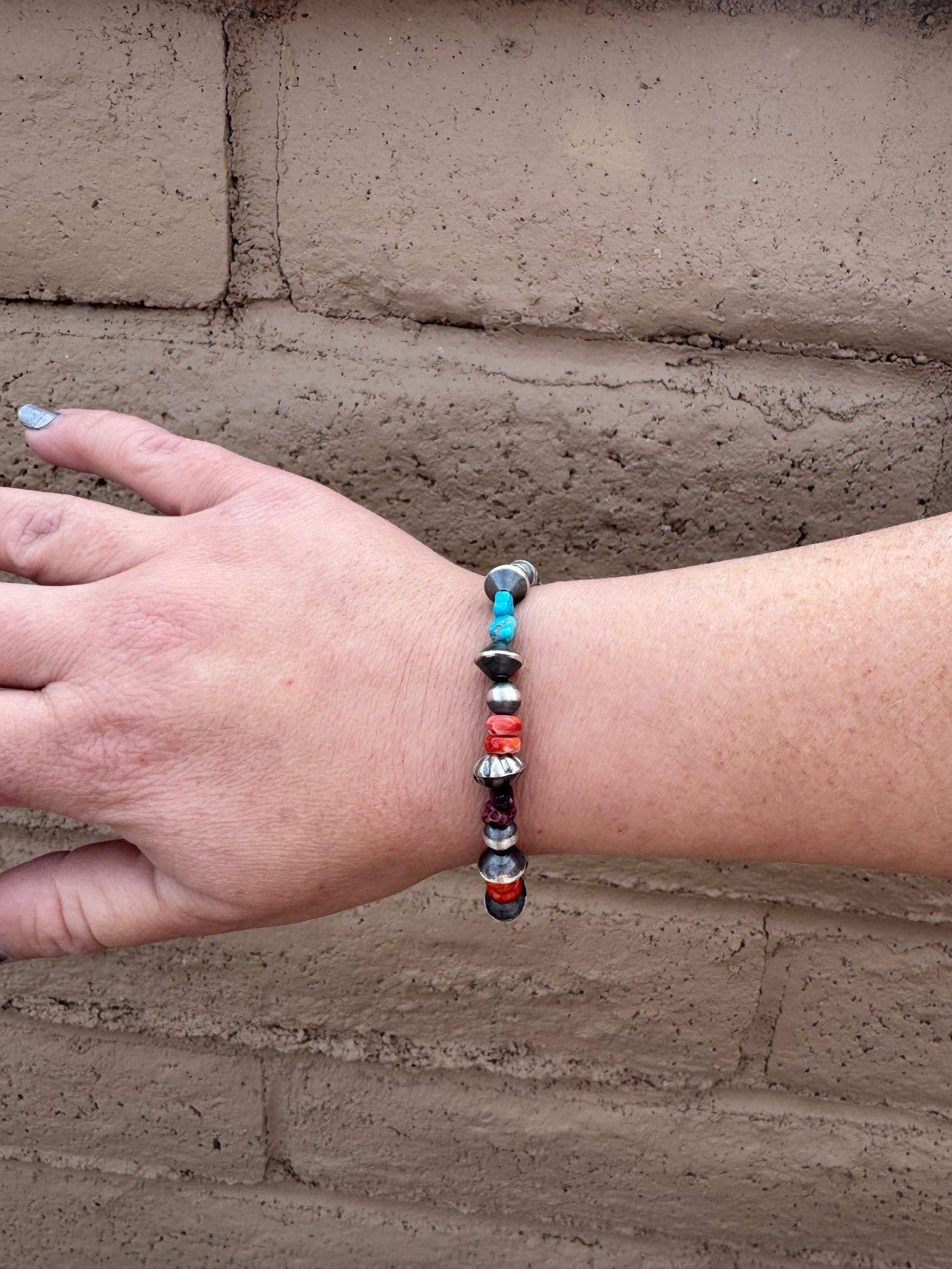 Handcrafted Multi Stone & Sterling Silver 3-6mm Beaded Bracelet 7.5"