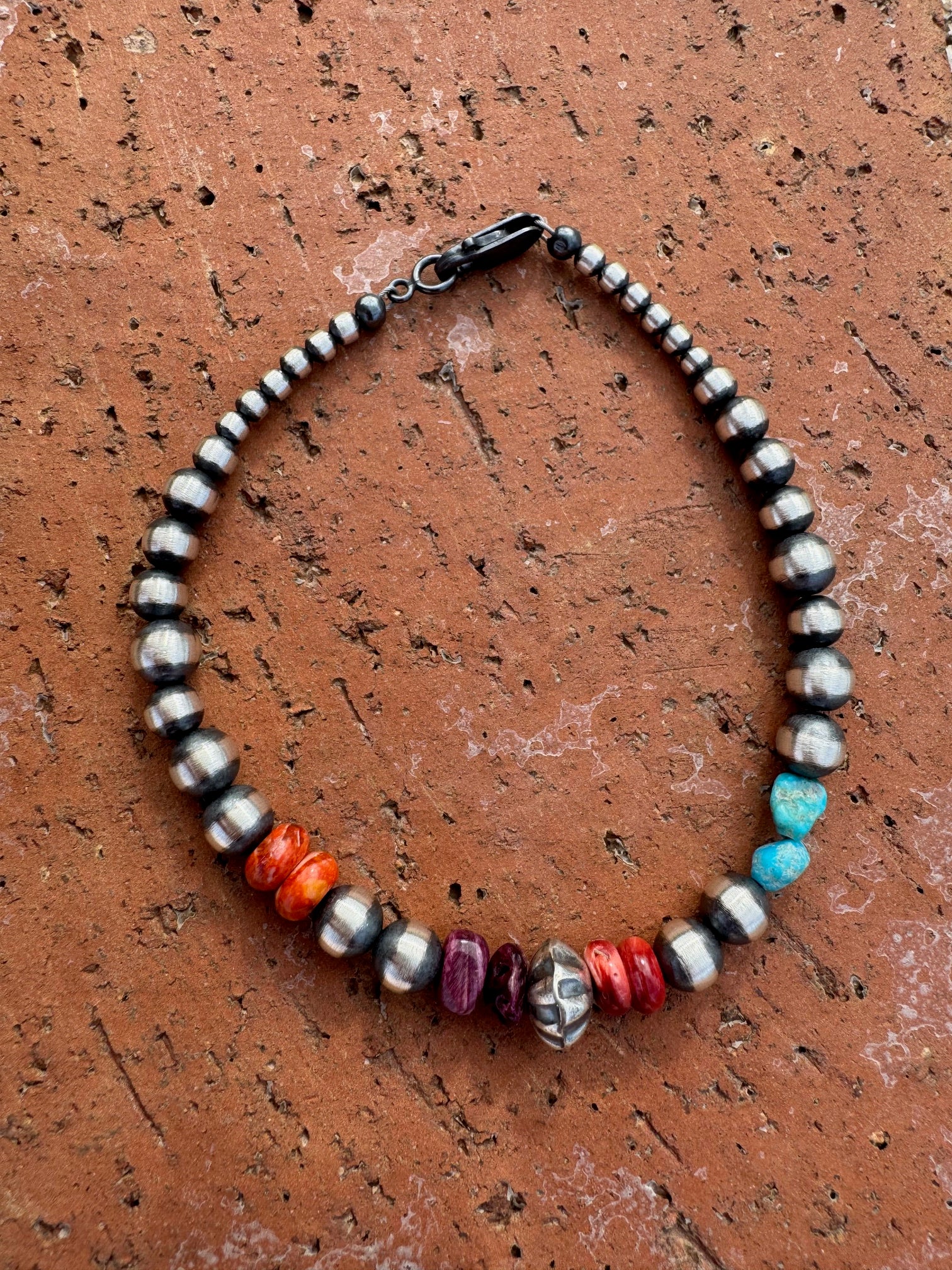 Handcrafted Multi Stone & Sterling Silver 3-6mm Beaded Bracelet 7.5"