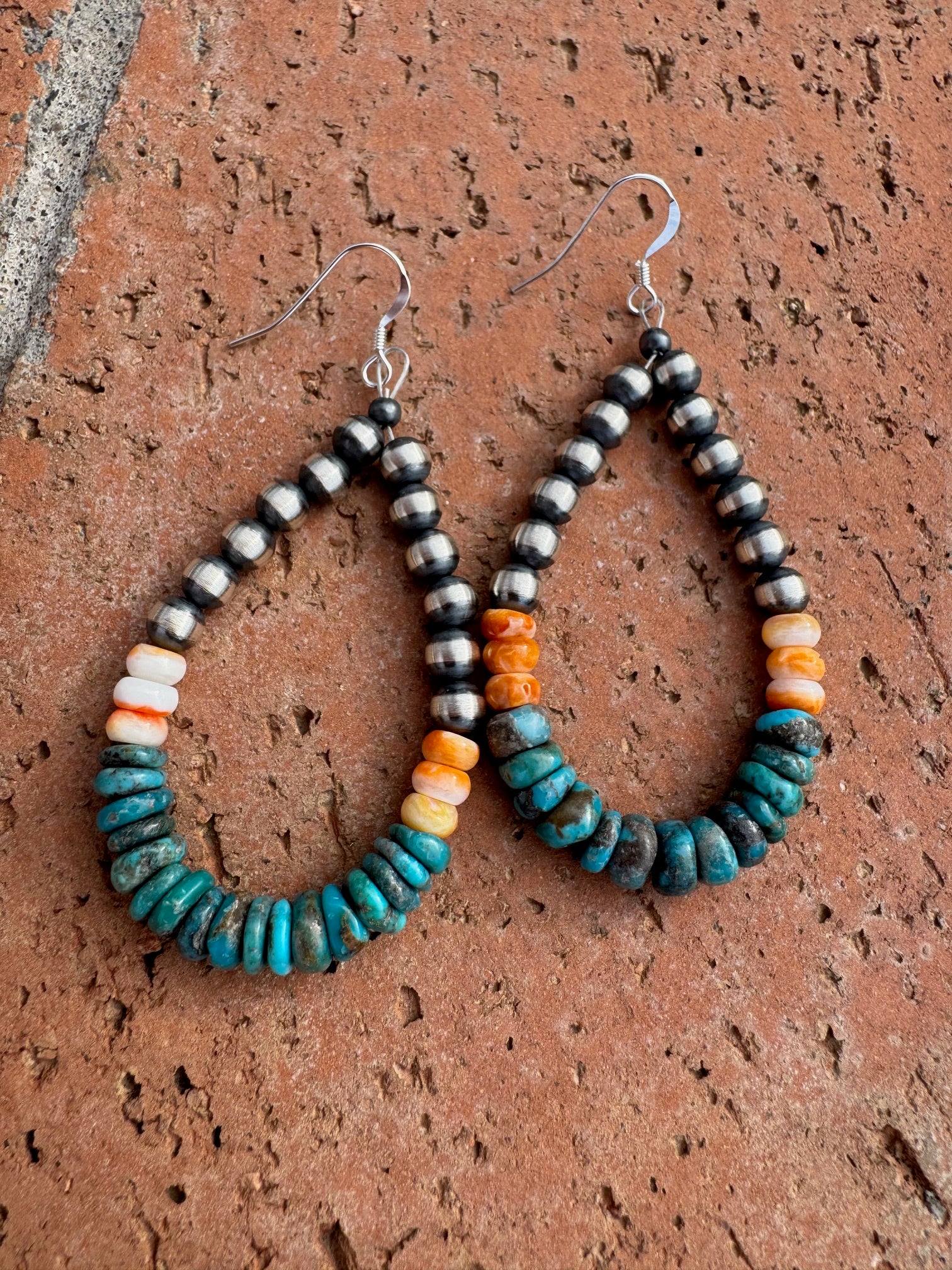 Handcrafted Kingman Turquoise & Spiny Oyster Beaded Dangle Wire Earrings