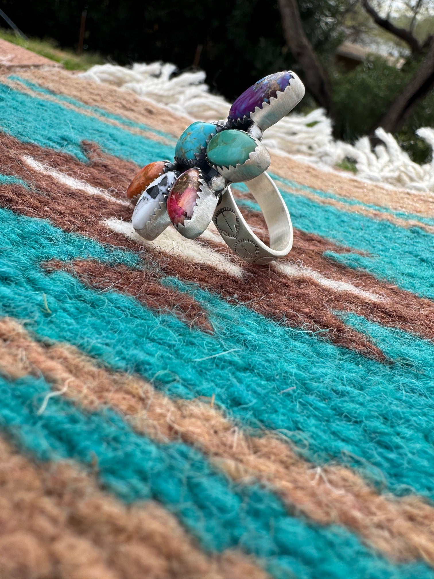 Handmade Multi Stone & Sterling Silver Crescent Adjustable Ring