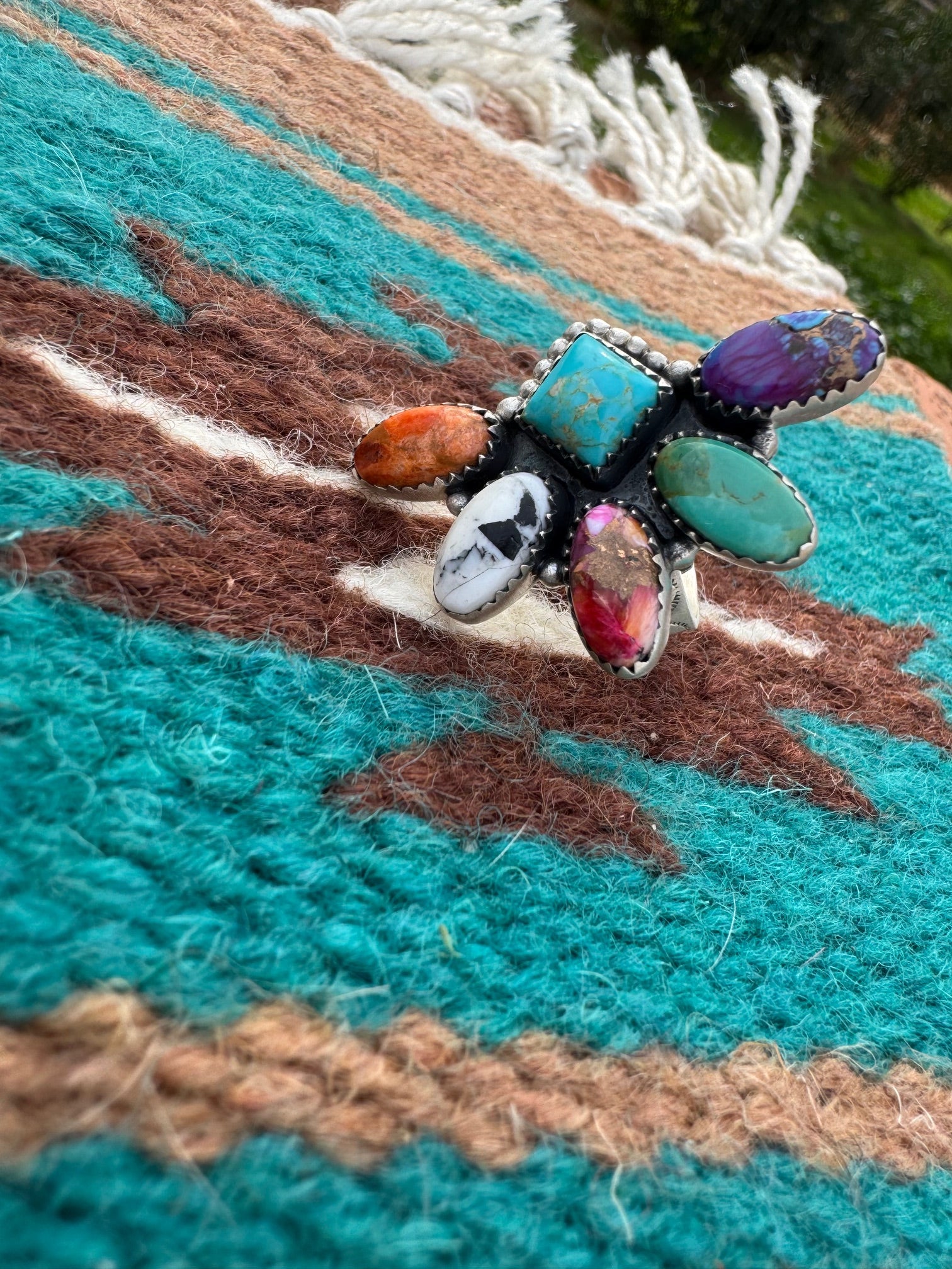 Handmade Multi Stone & Sterling Silver Crescent Adjustable Ring