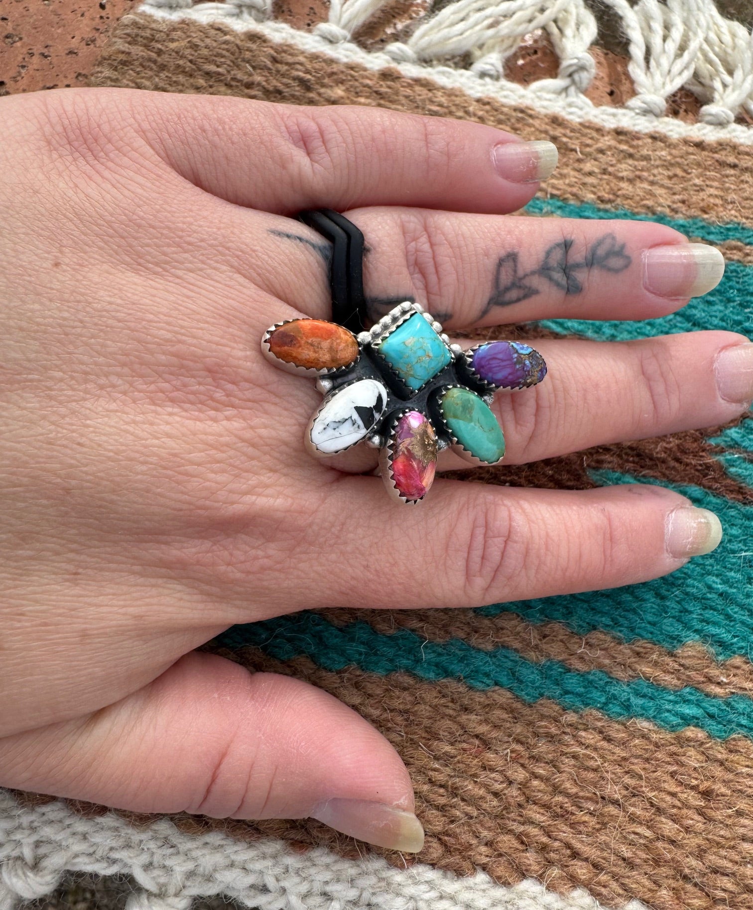 Handmade Multi Stone & Sterling Silver Crescent Adjustable Ring