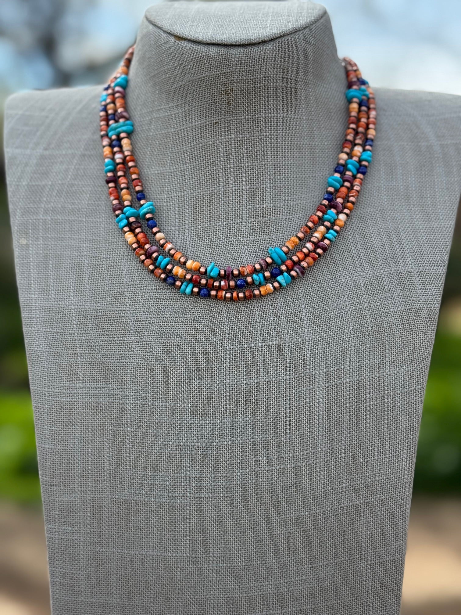 Handcrafted Turquoise, Spiny & Copper 3-4mm Beaded Necklace 16"