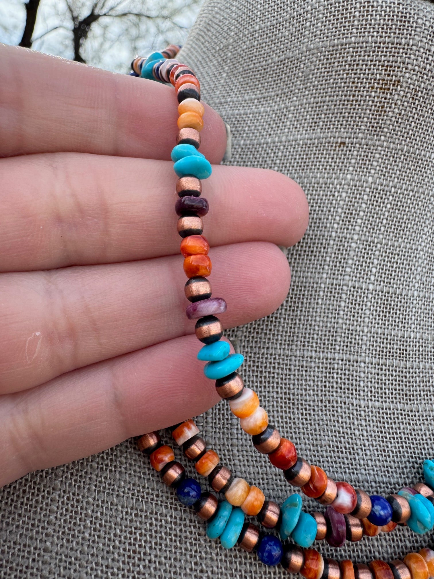 Handcrafted Turquoise, Spiny & Copper 3-4mm Beaded Necklace 16"