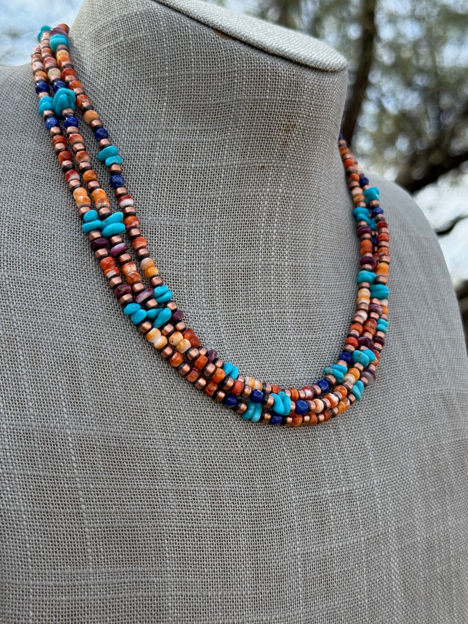 Handcrafted Turquoise, Spiny & Copper 3-4mm Beaded Necklace 16"