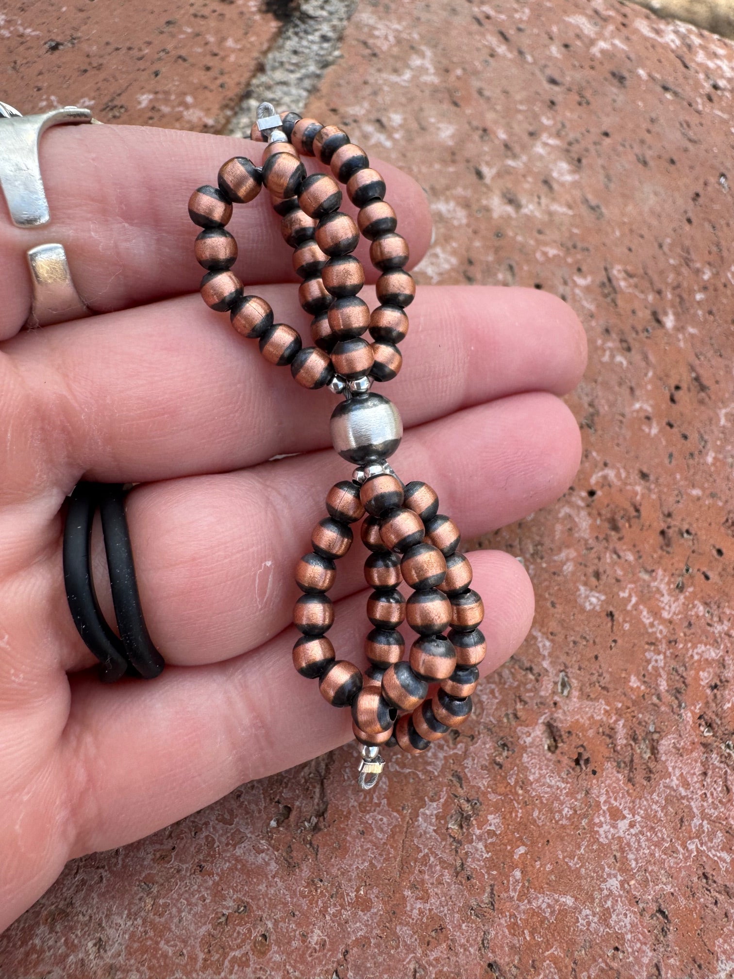 Handcrafted Bow Tie Copper 4-7mm Beaded Stretch Bracelet 6"