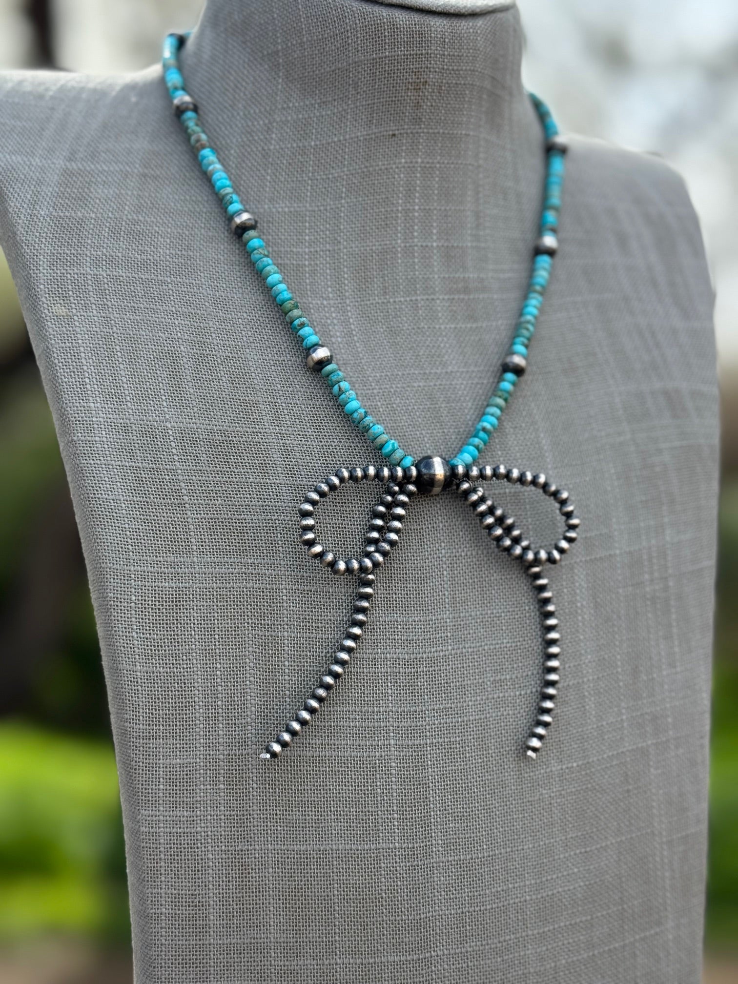 Handcrafted Sterling Silver & Rolled Turquoise Pearl Beaded Bow Tie Necklace 18"