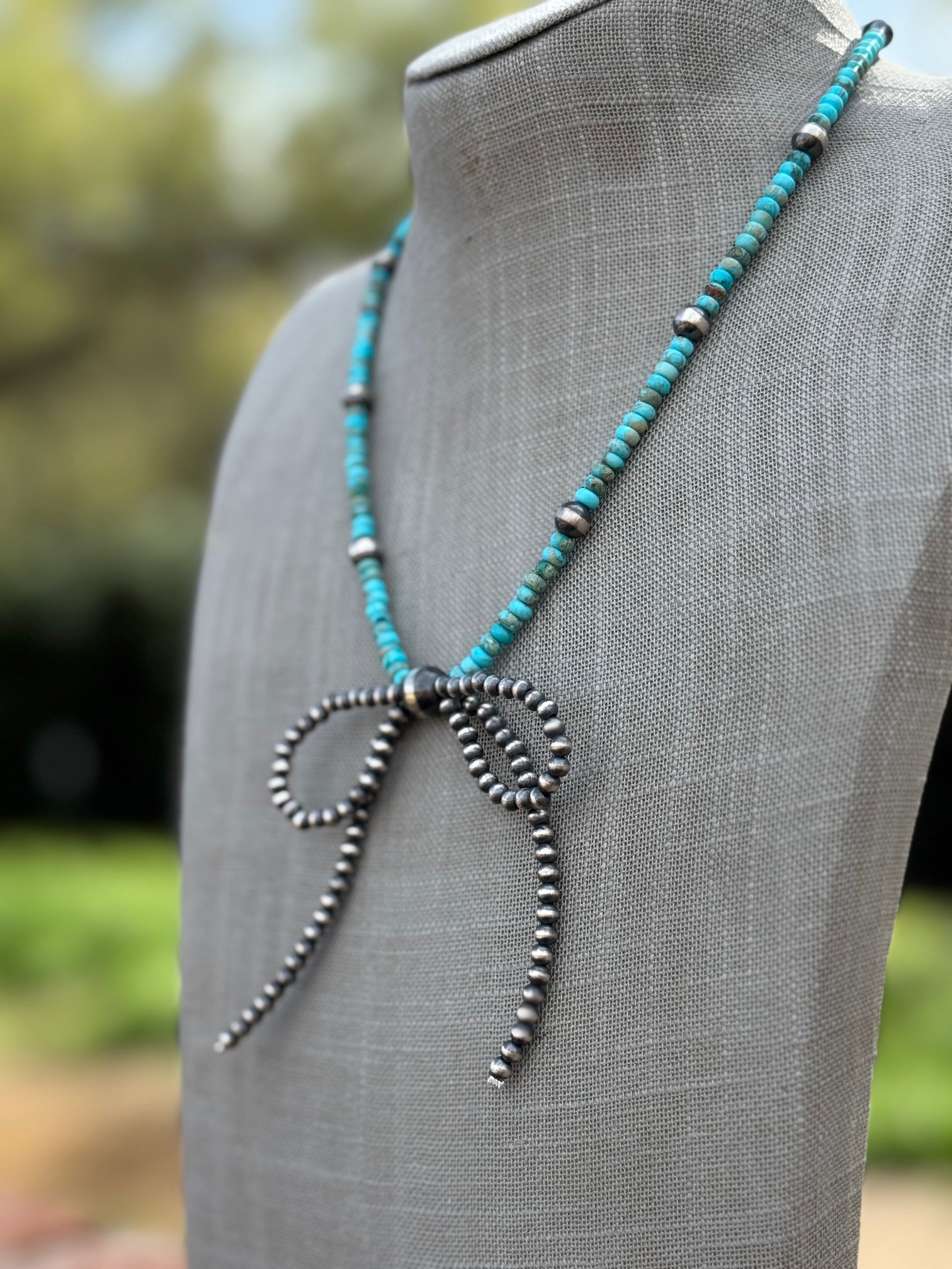 Handcrafted Sterling Silver & Rolled Turquoise Pearl Beaded Bow Tie Necklace 18"