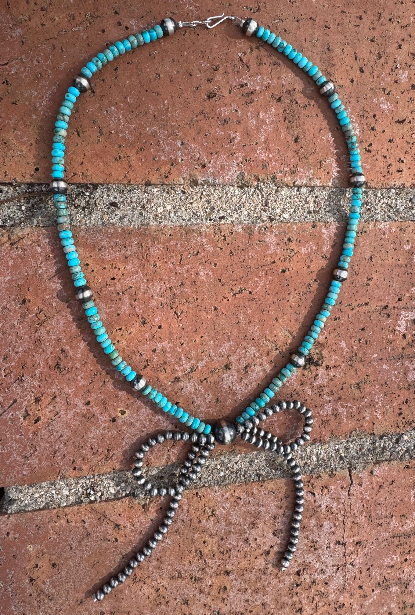 Handcrafted Sterling Silver & Rolled Turquoise Pearl Beaded Bow Tie Necklace 18"