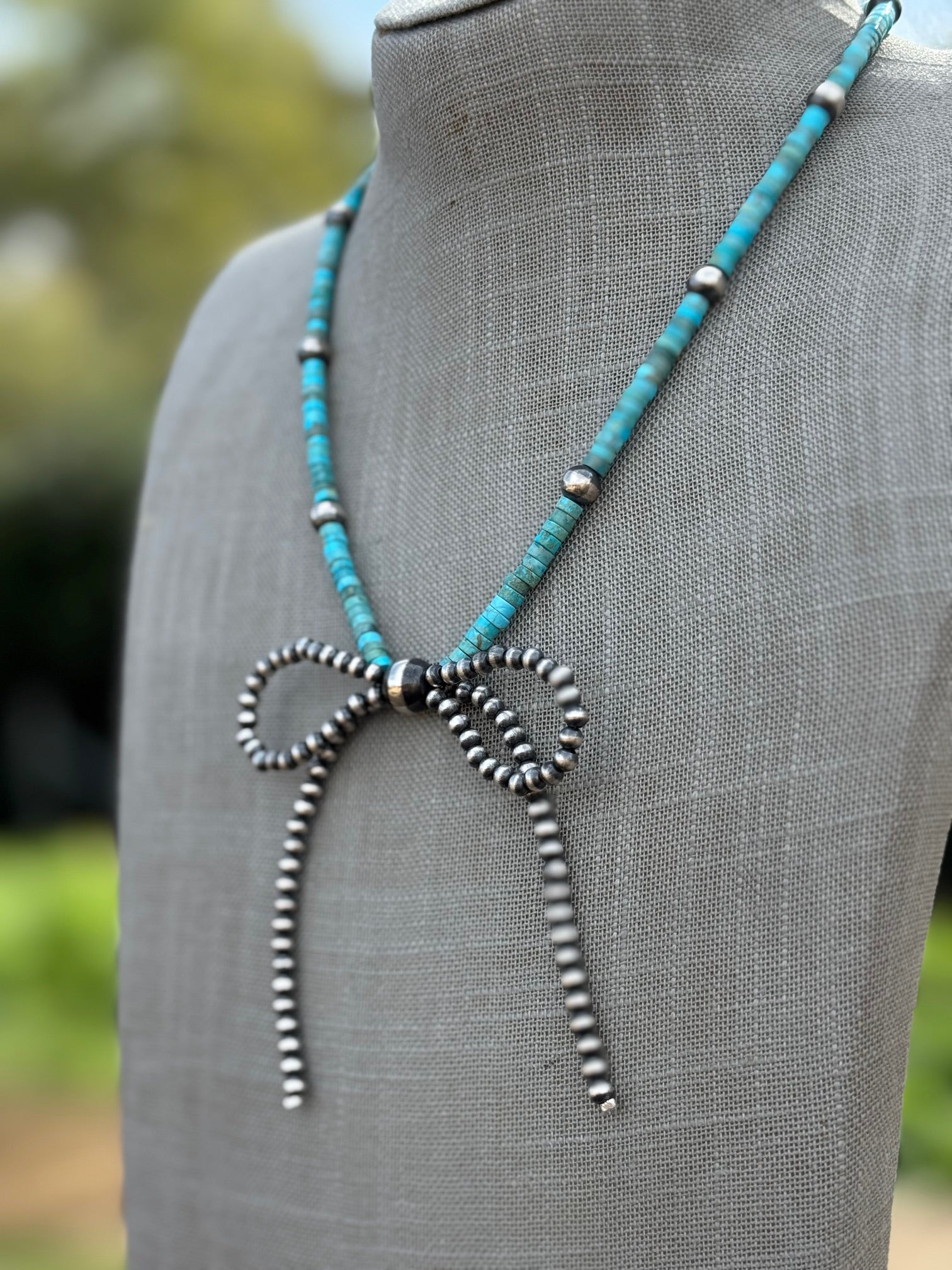 Handcrafted Sterling Silver & Turquoise Pearl Beaded Bow Tie Necklace 18"