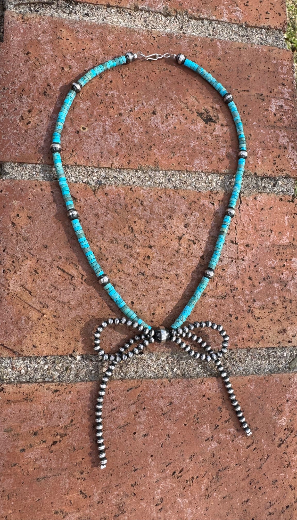 Handcrafted Sterling Silver & Turquoise Pearl Beaded Bow Tie Necklace 18"