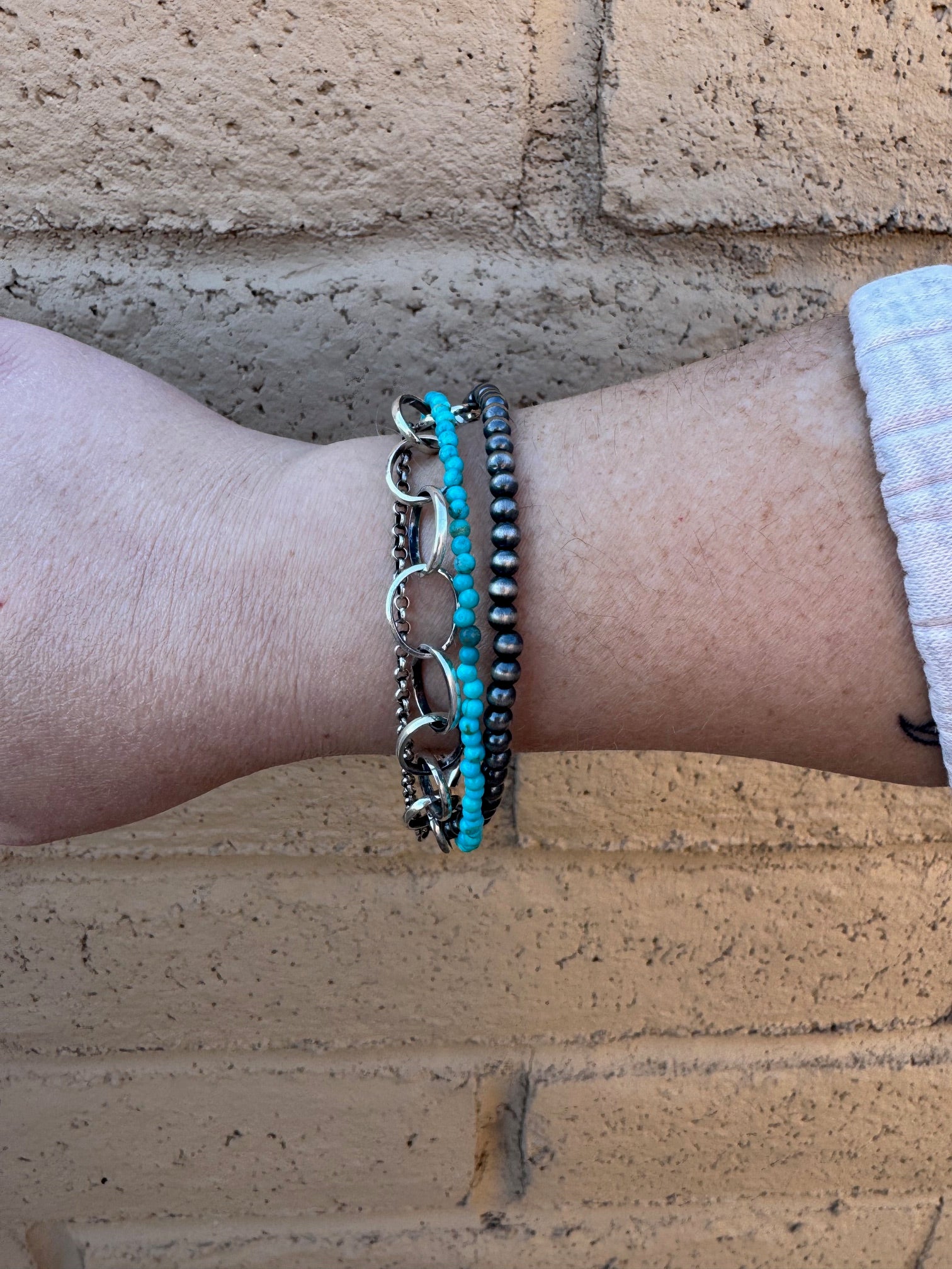 Handmade Turquoise and Sterling Silver 4 Strand 3-4mm Beaded Bracelet 7"-8"