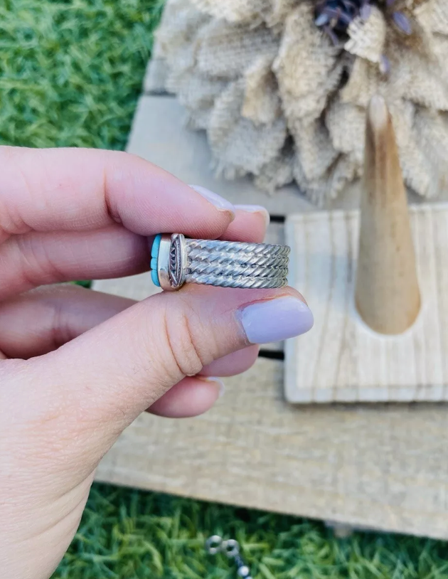 Navajo Sterling Silver & Turquoise Inlay Ring Size 6.25